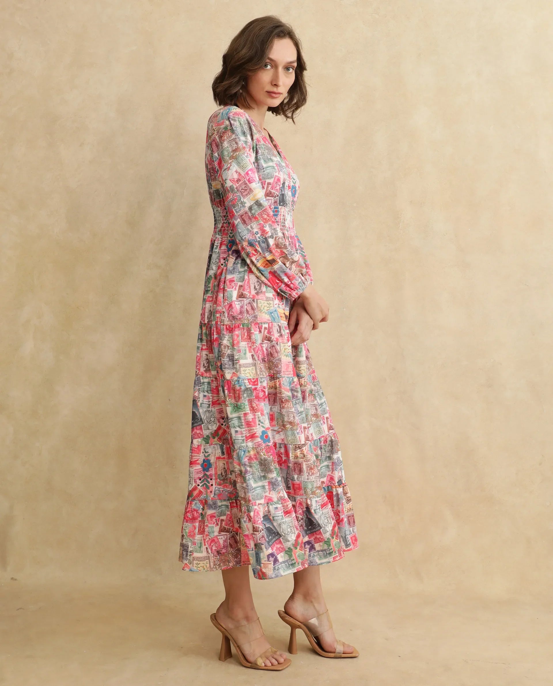 Rareism Women's Reting Light Multi Satin Fabric V-Neck Full Sleeve Object Print Fit And Flare Maxi Dress