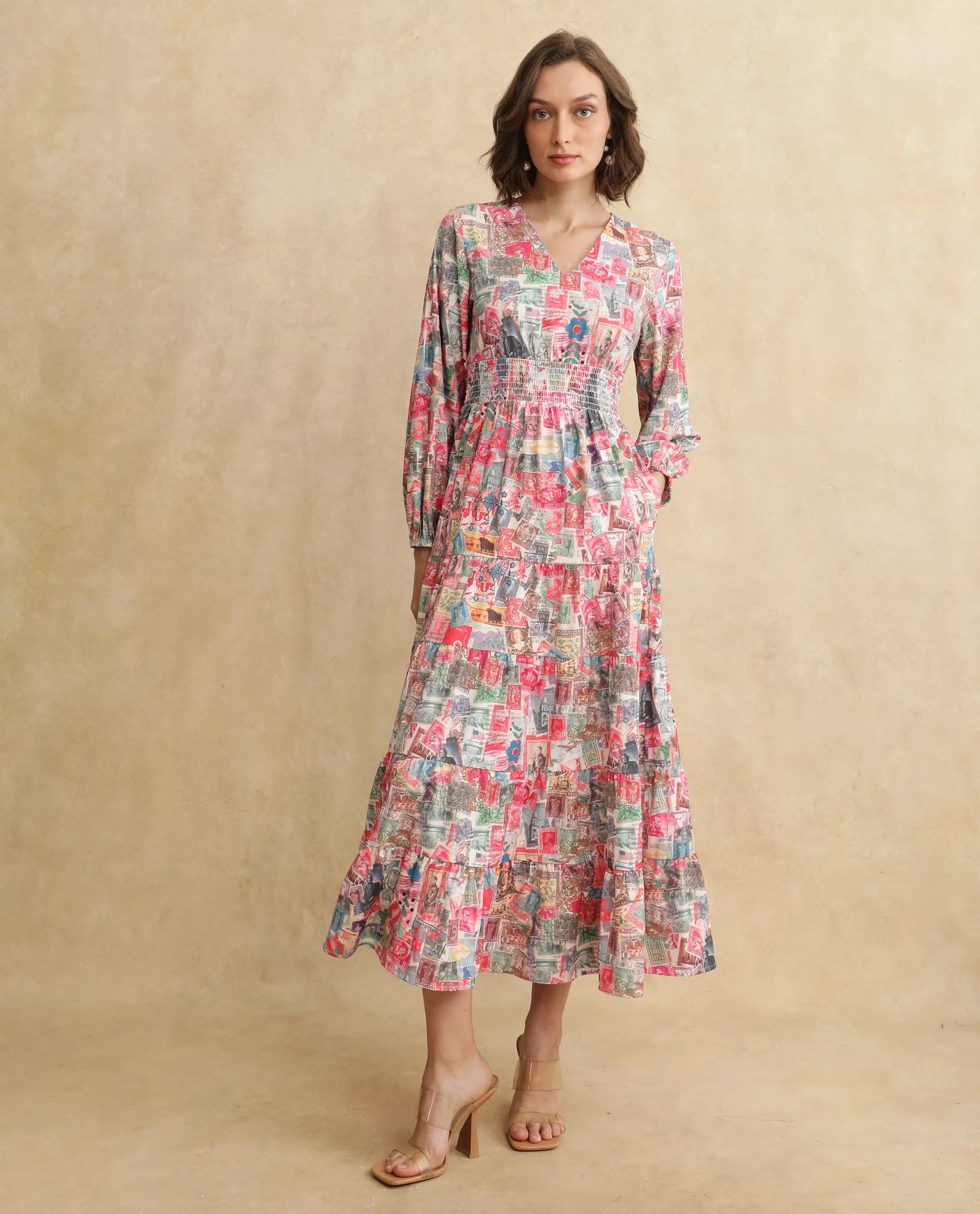 Rareism Women's Reting Light Multi Satin Fabric V-Neck Full Sleeve Object Print Fit And Flare Maxi Dress