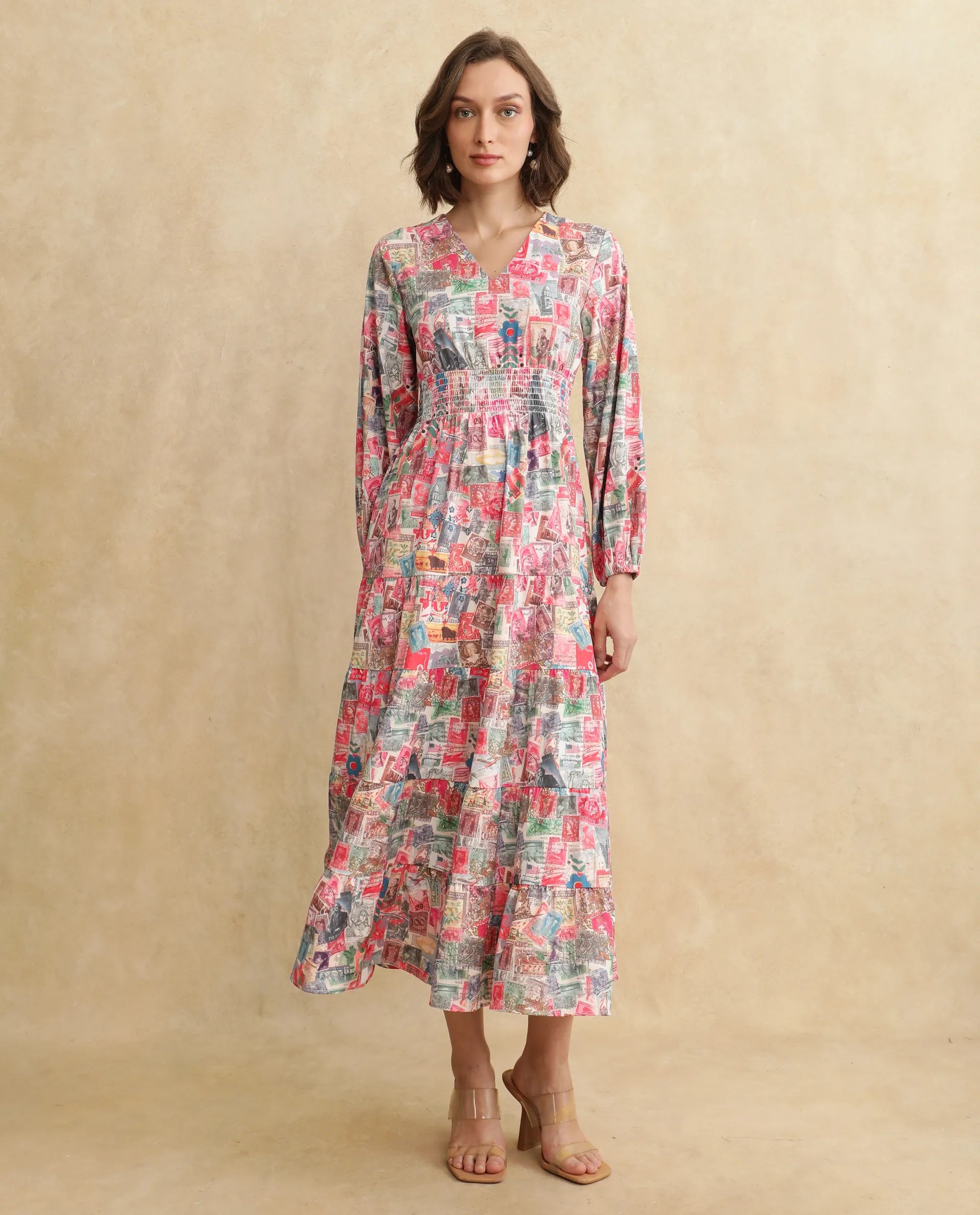 Rareism Women's Reting Light Multi Satin Fabric V-Neck Full Sleeve Object Print Fit And Flare Maxi Dress