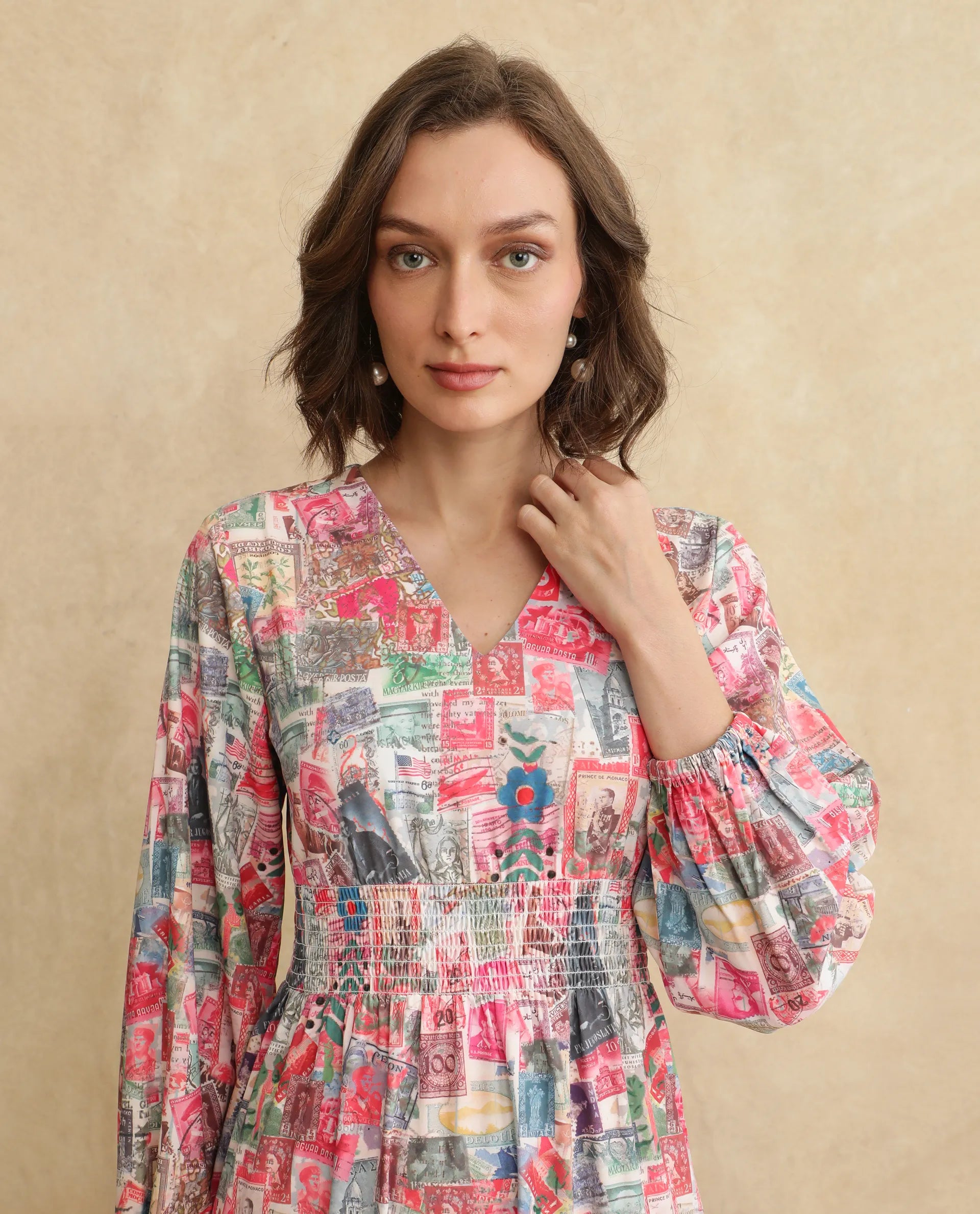 Rareism Women's Reting Light Multi Satin Fabric V-Neck Full Sleeve Object Print Fit And Flare Maxi Dress