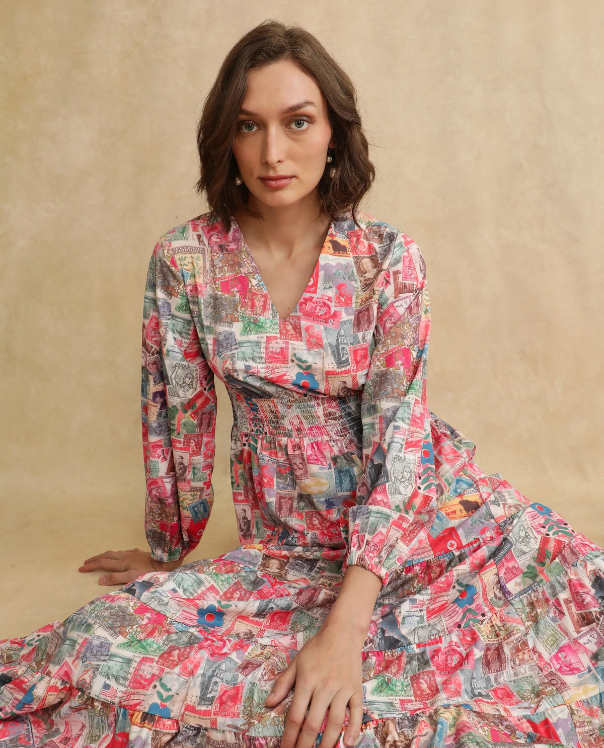 Rareism Women's Reting Light Multi Satin Fabric V-Neck Full Sleeve Object Print Fit And Flare Maxi Dress