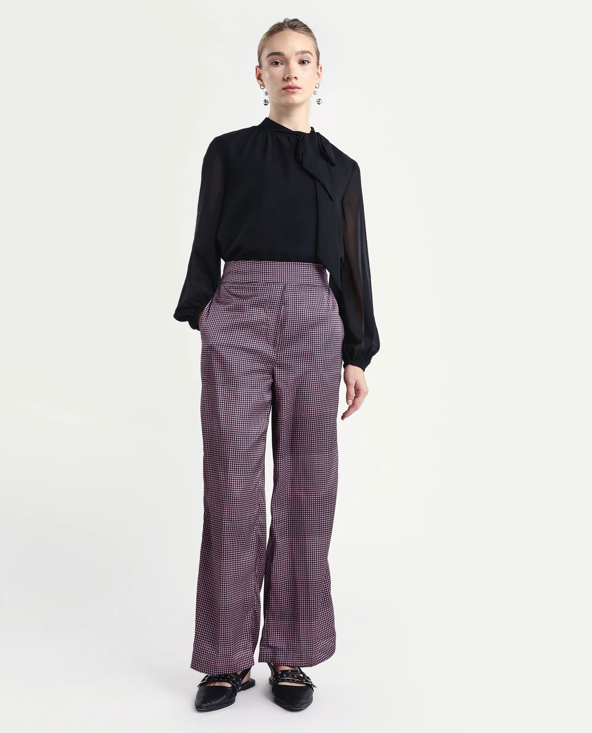 Rareism Women's Retre Multi Polyester Blend Houndstooth Print Ankle Length Straight Fit Trouser