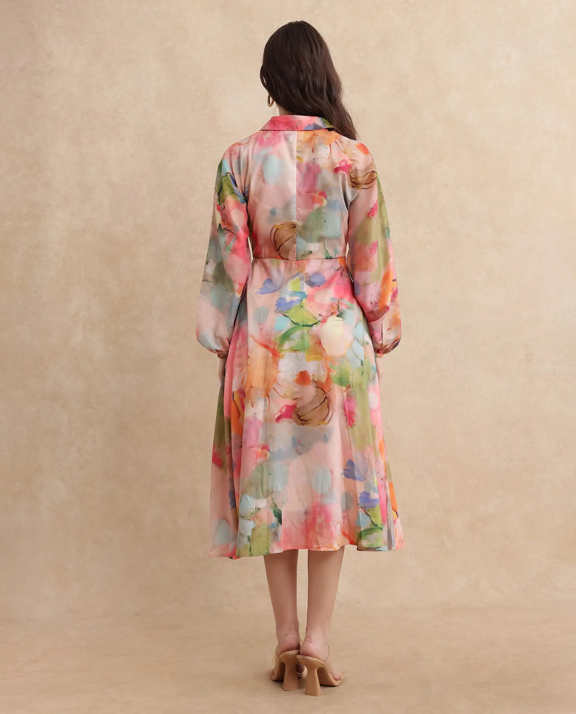 Rareism Women Rhun Multi Cuffed Sleeve Collared Neck Fit And Flare Midi Abstract Print Dress