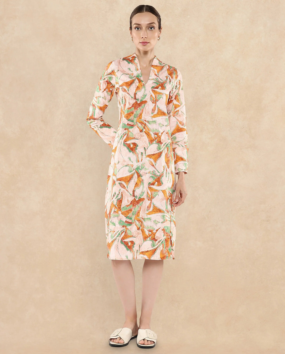 Rareism Women's Ricato Multi Cotton Fabric V-Neck Cuffed Sleeve Abstract A-Line Midi Dress