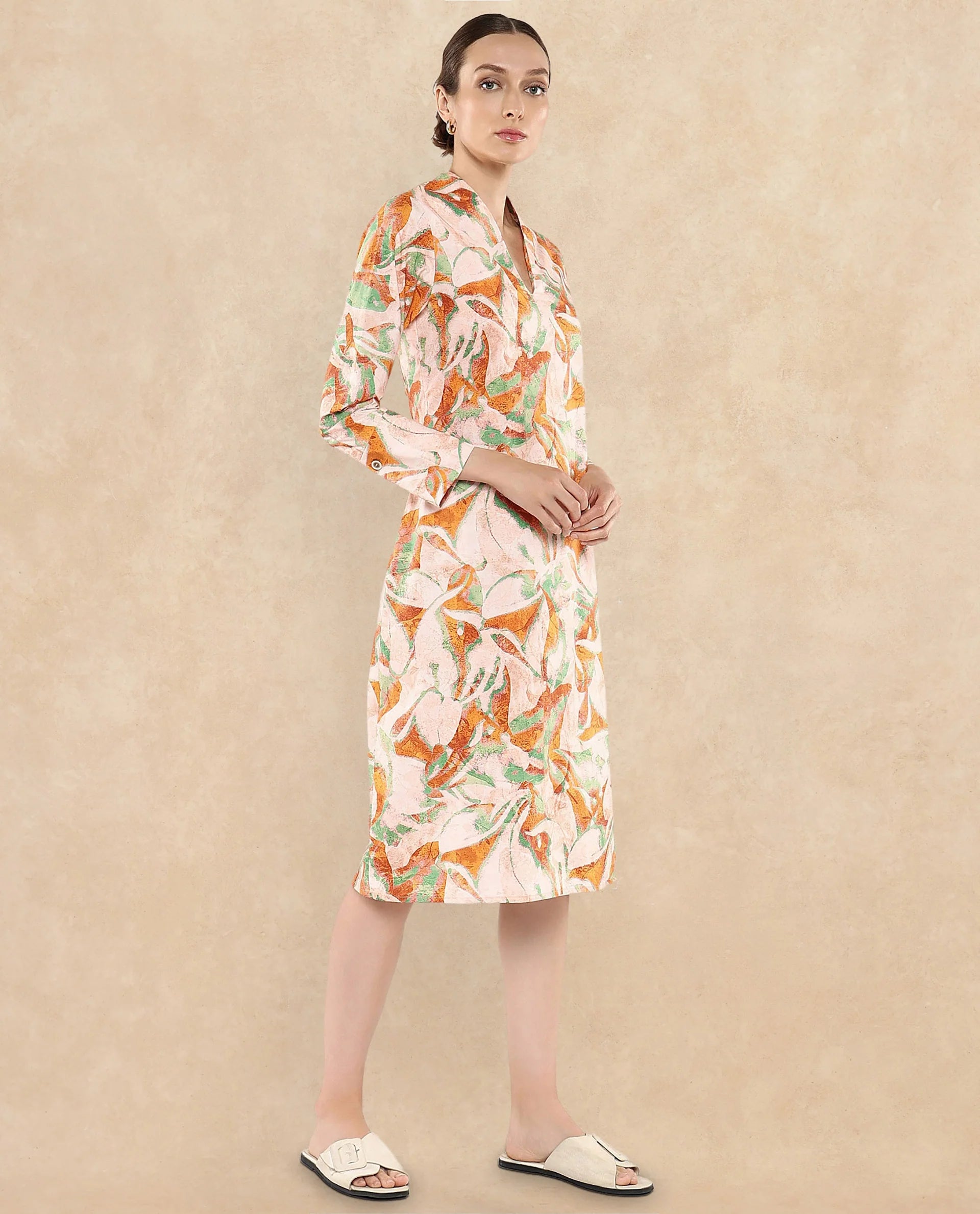 Rareism Women's Ricato Multi Cotton Fabric V-Neck Cuffed Sleeve Abstract A-Line Midi Dress