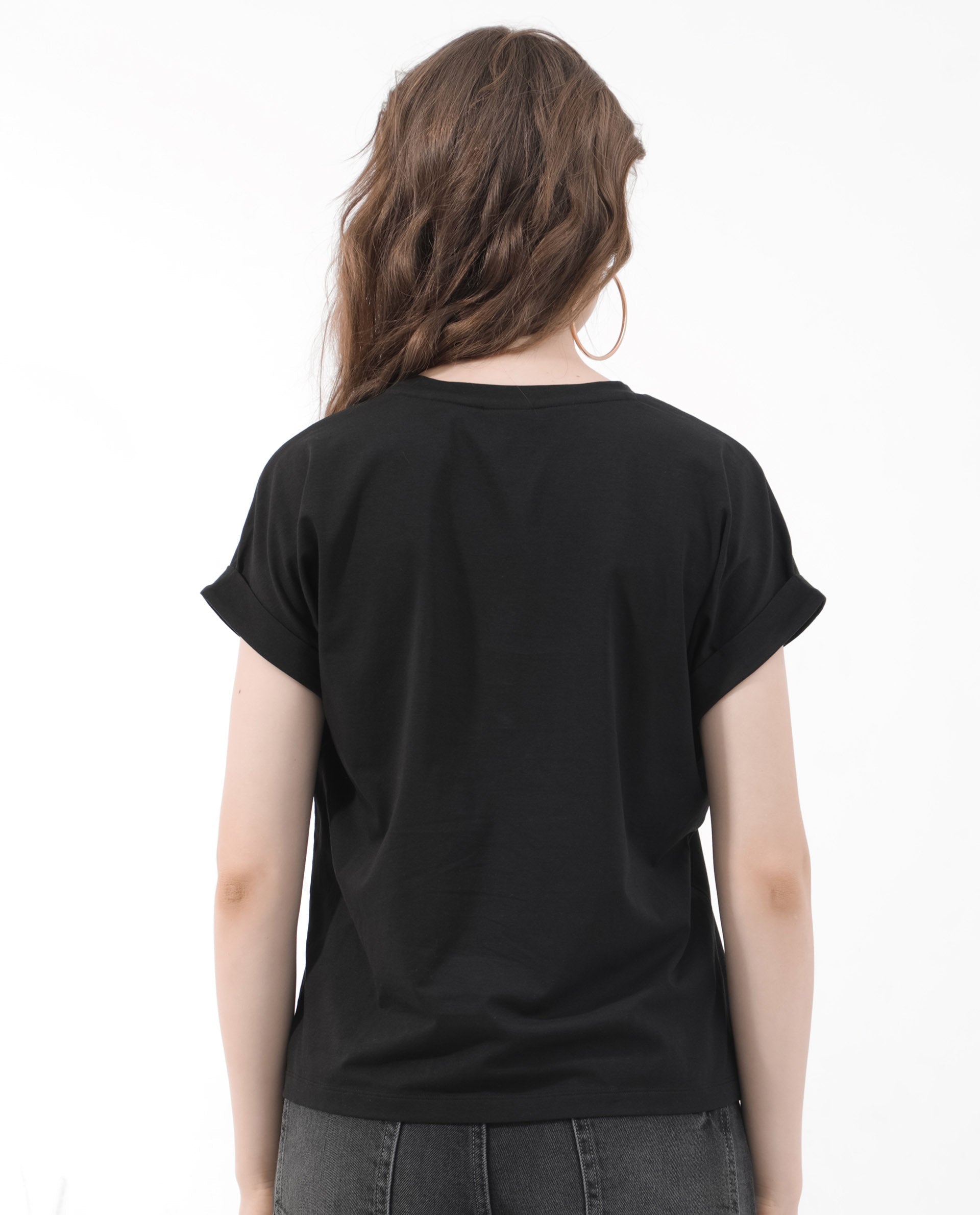 Rareism Women's Trident Black Cotton Blend Crew Neck Graphic Print Extended Sleeves Regular Fit T-Shirt