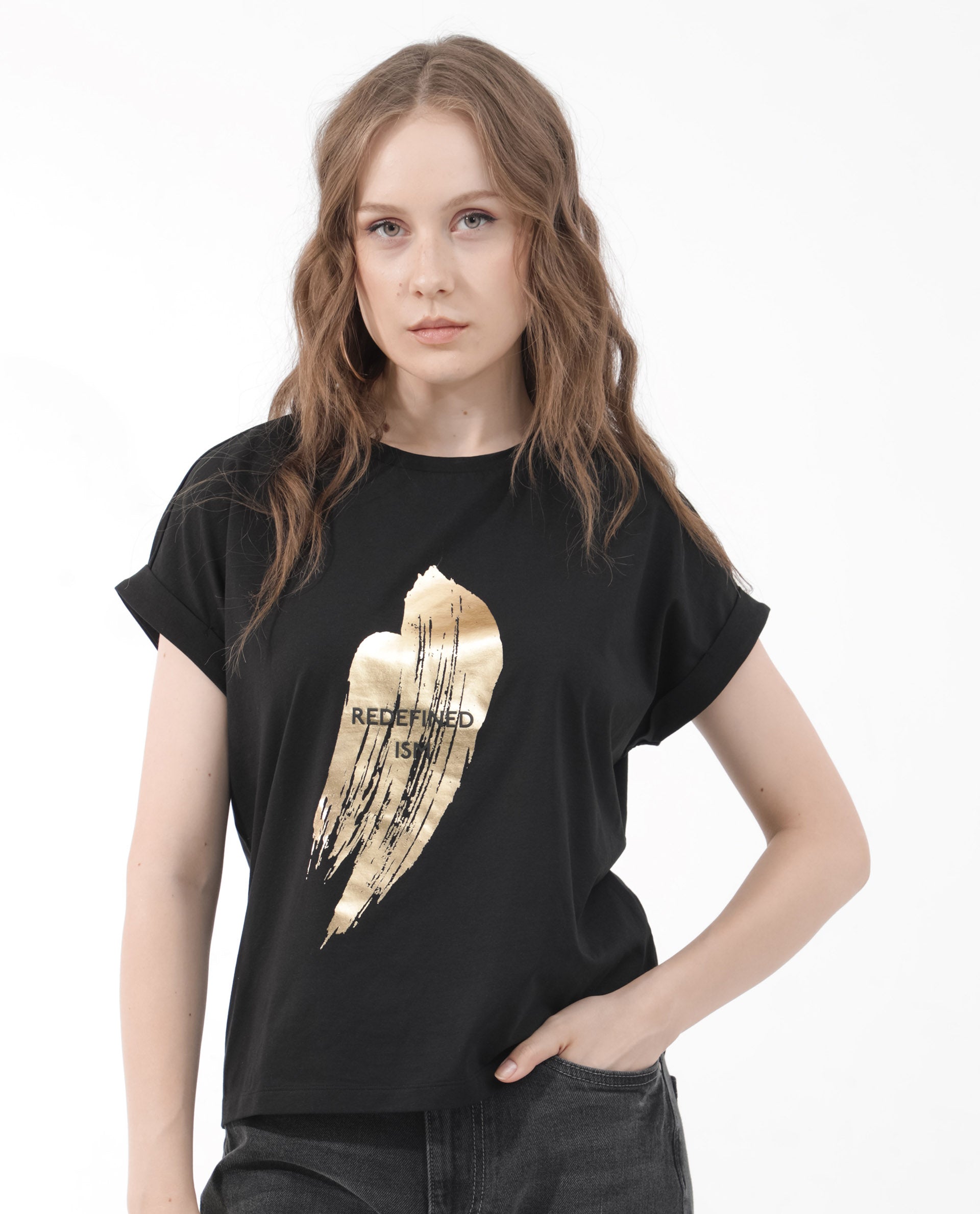 Rareism Women's Trident Black Cotton Blend Crew Neck Graphic Print Extended Sleeves Regular Fit T-Shirt