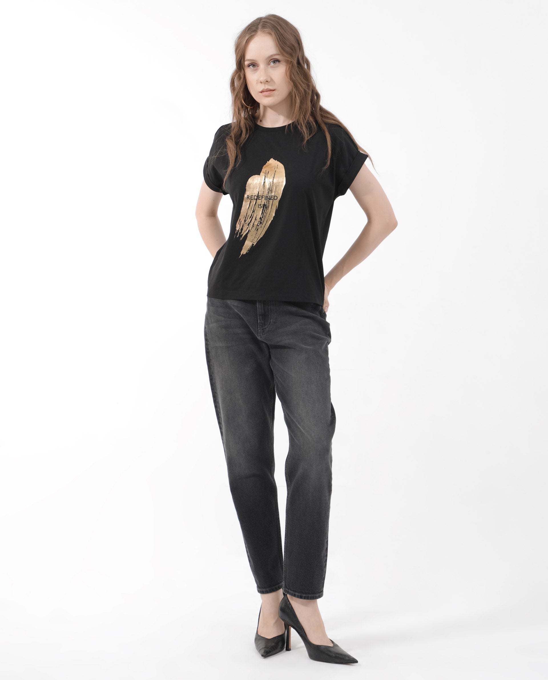 Rareism Women Trident Black Cotton Elastane Fabric Crew Neck Knit Solid T-Shirt