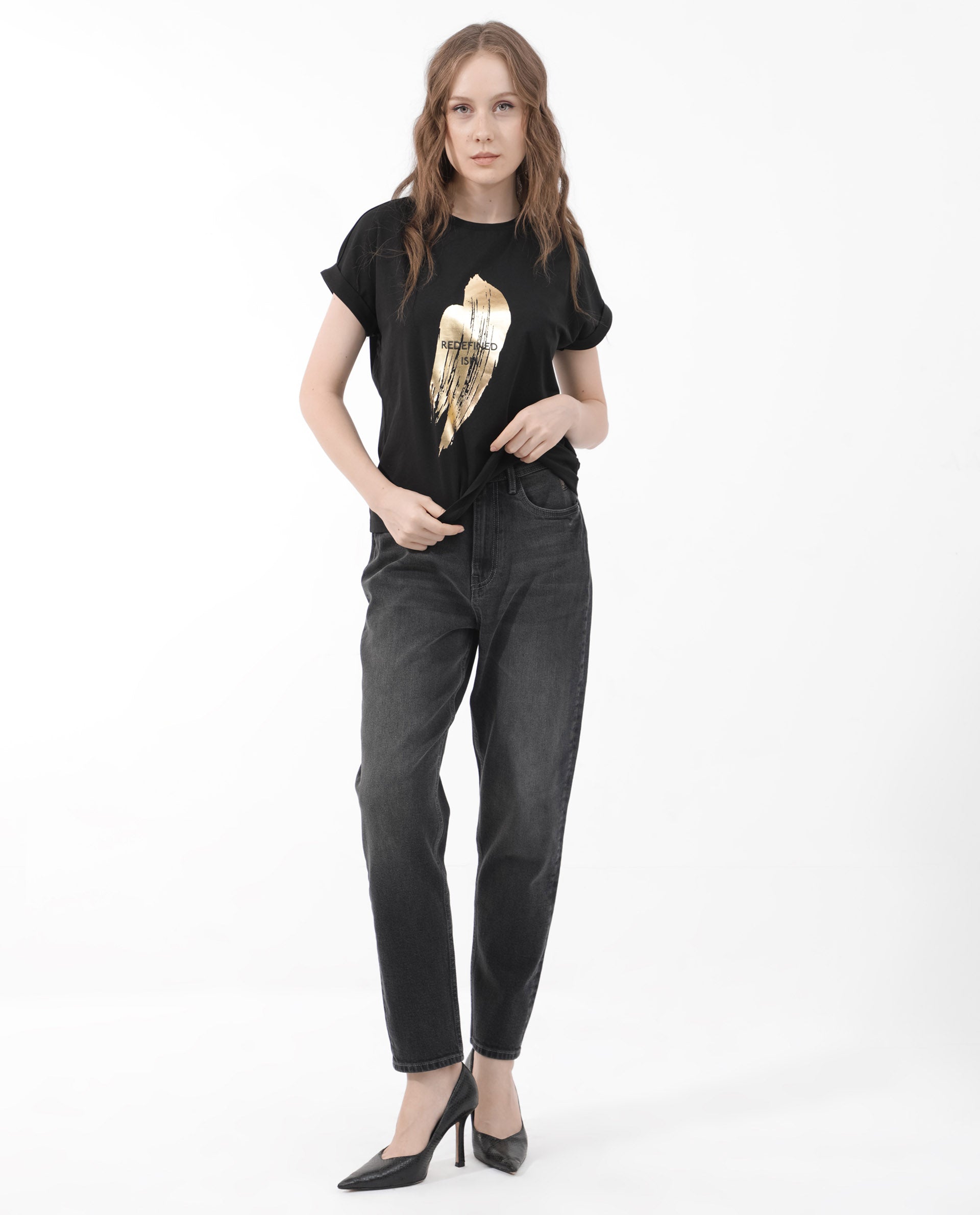 Rareism Women's Trident Black Cotton Blend Crew Neck Graphic Print Extended Sleeves Regular Fit T-Shirt