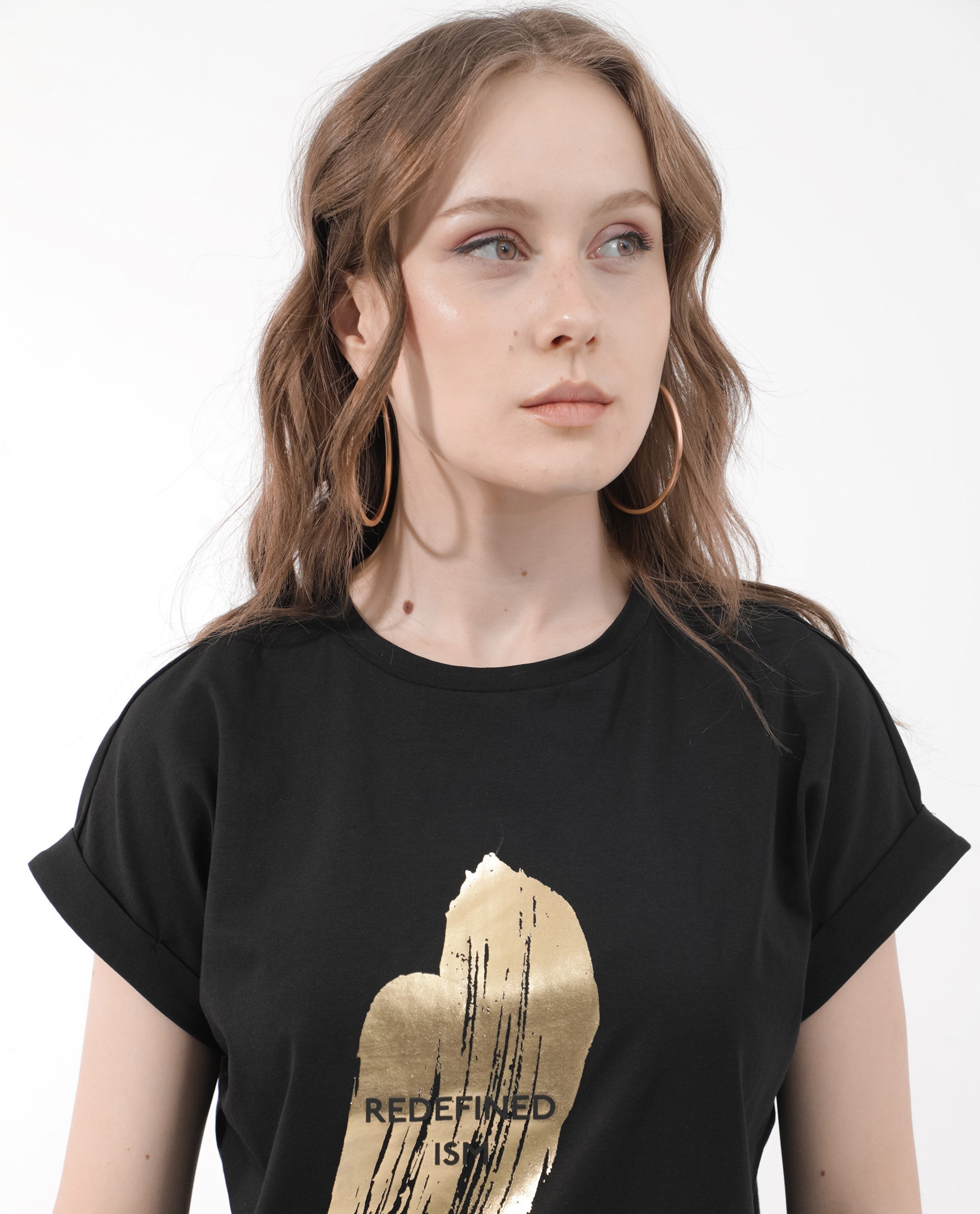 Rareism Women's Trident Black Cotton Blend Crew Neck Graphic Print Extended Sleeves Regular Fit T-Shirt