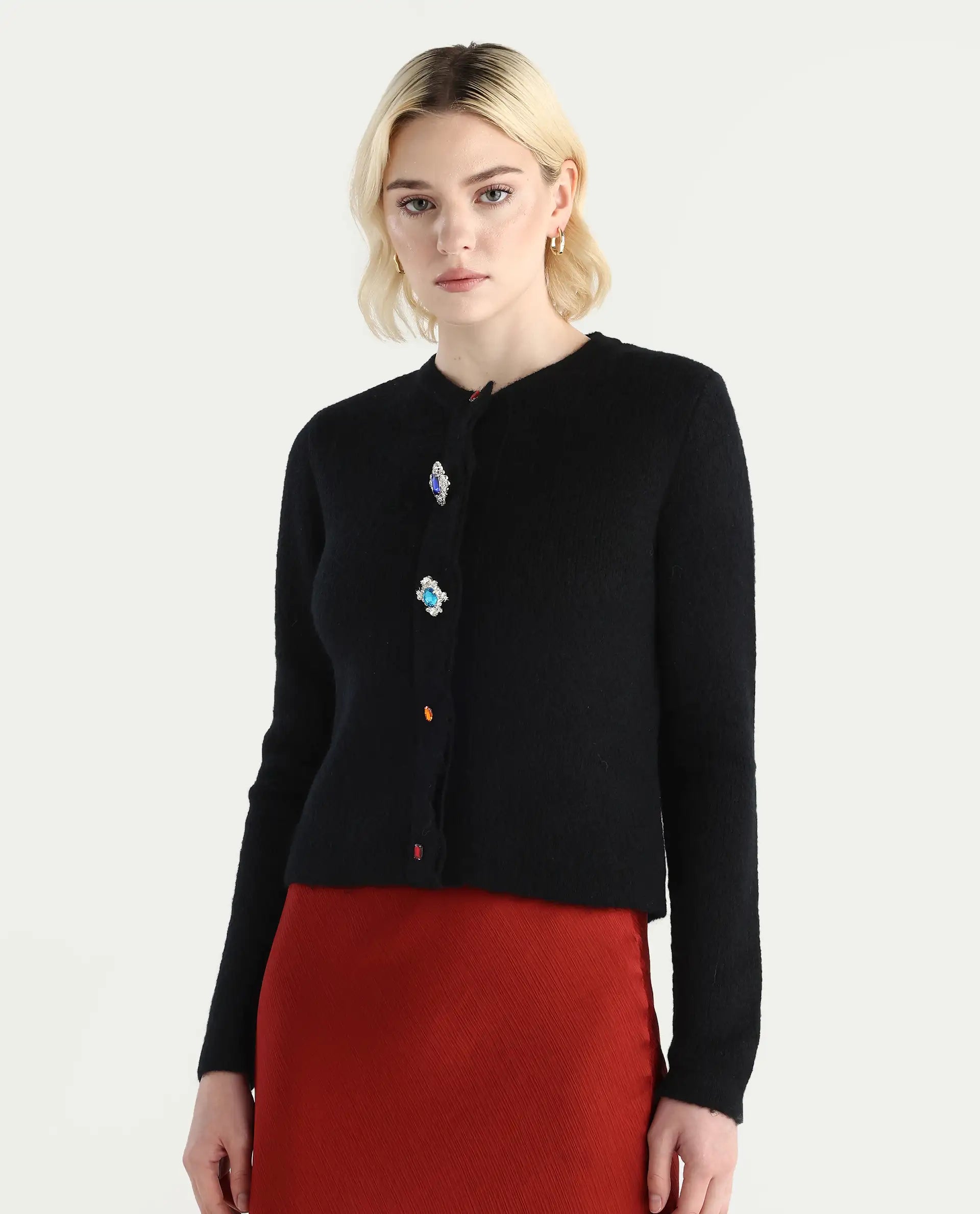 Rareism Women's Ries Black Acrylic Blend Crew Neck Regular Fit Cardigan