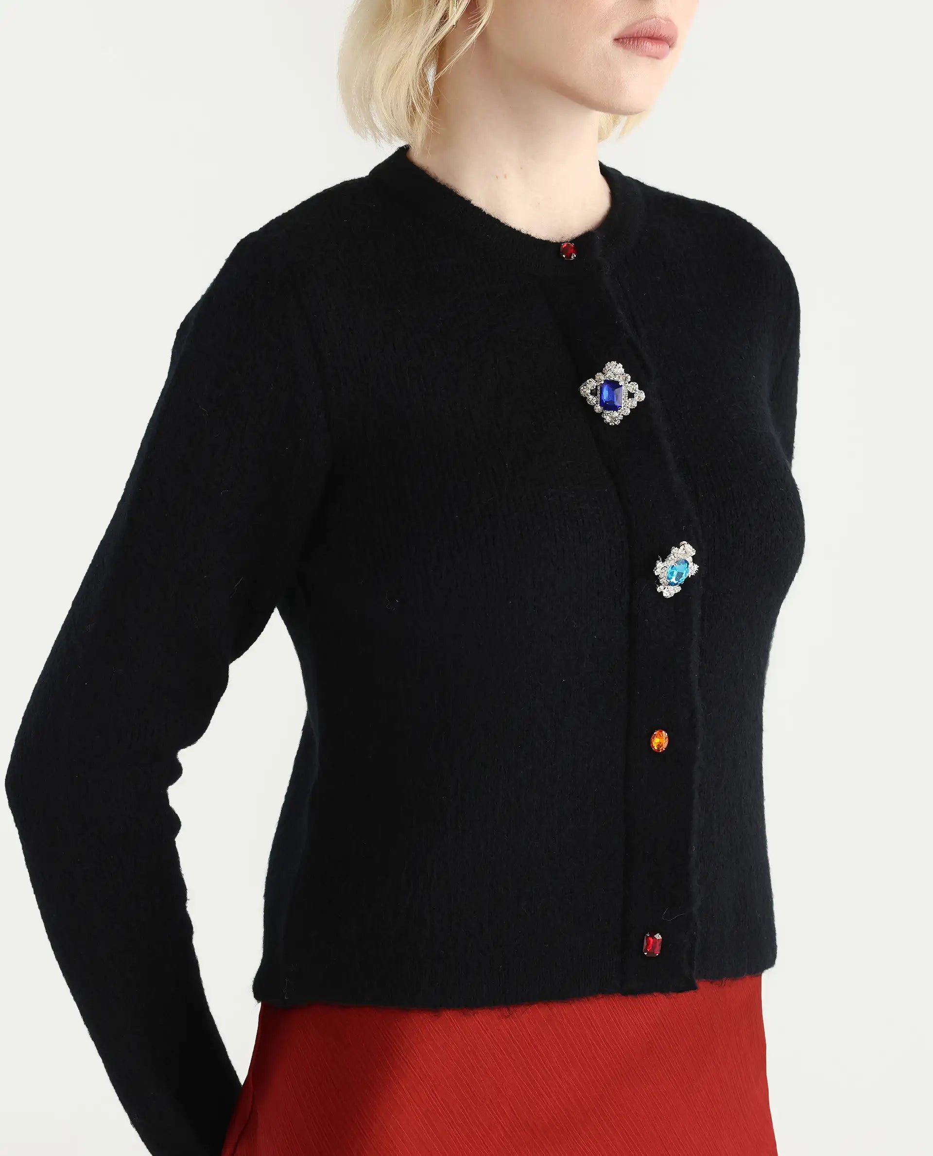 Rareism Women's Ries Black Acrylic Blend Crew Neck Regular Fit Cardigan