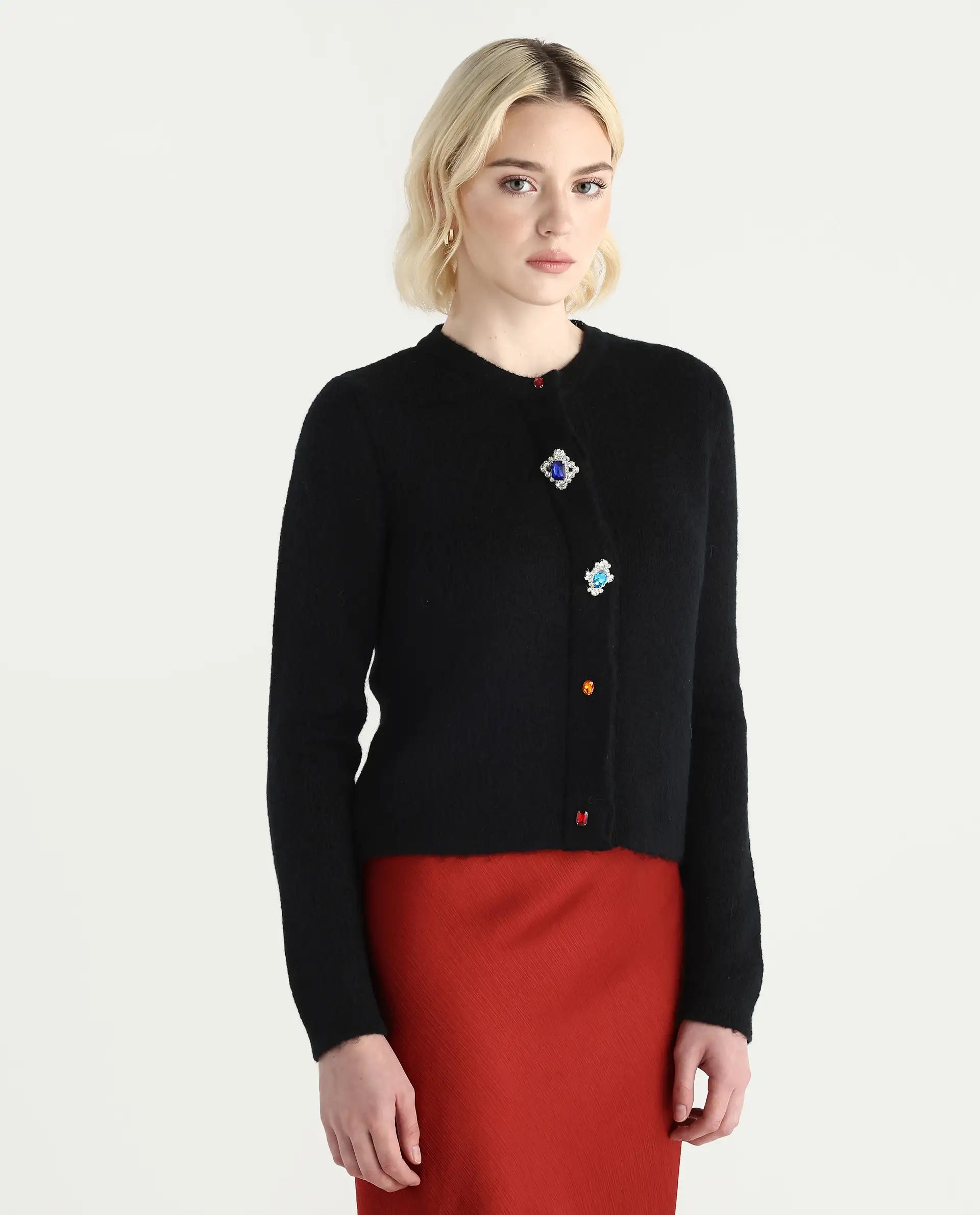 Rareism Women's Ries Black Acrylic Blend Crew Neck Regular Fit Cardigan