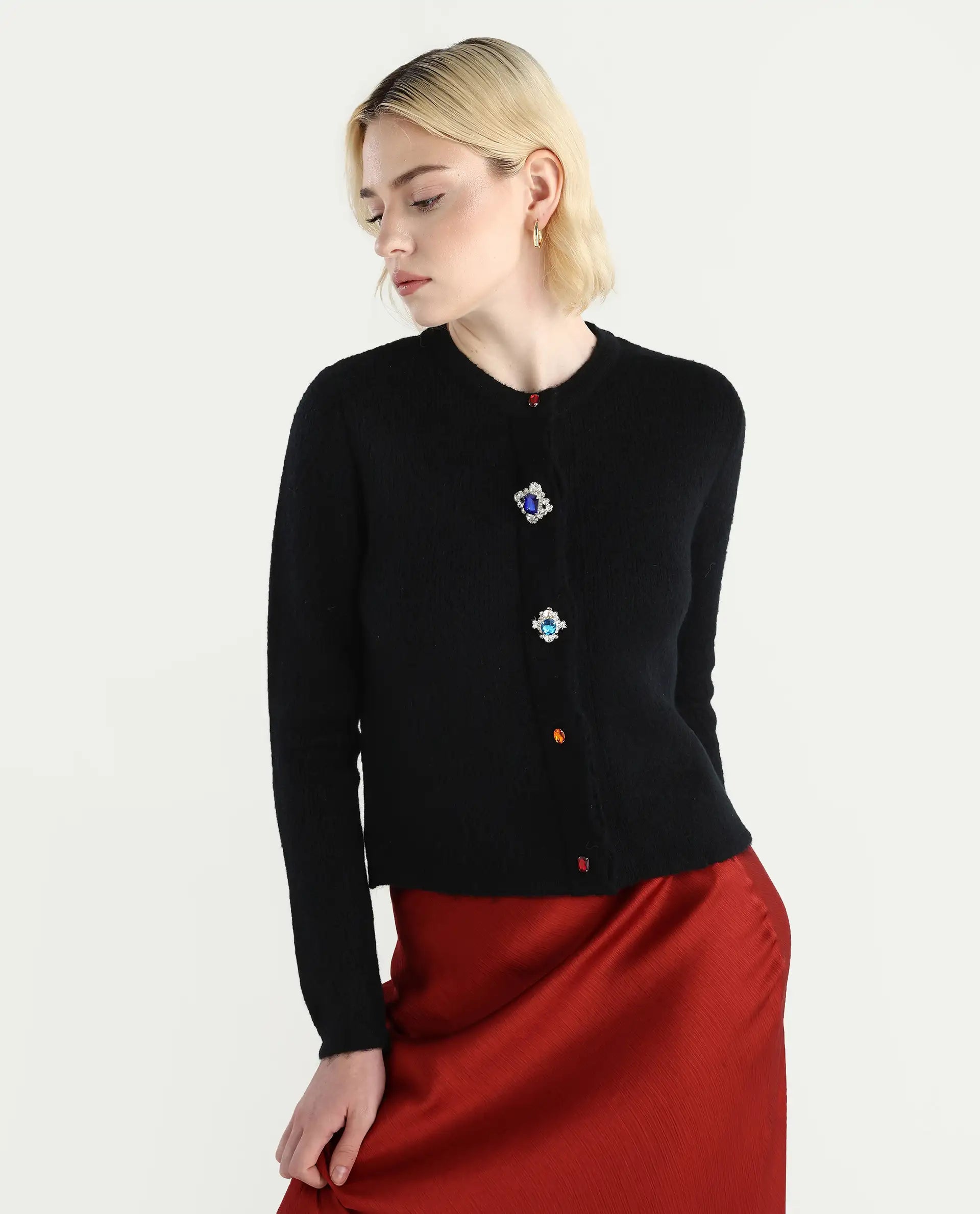 Rareism Women's Ries Black Acrylic Blend Crew Neck Regular Fit Cardigan