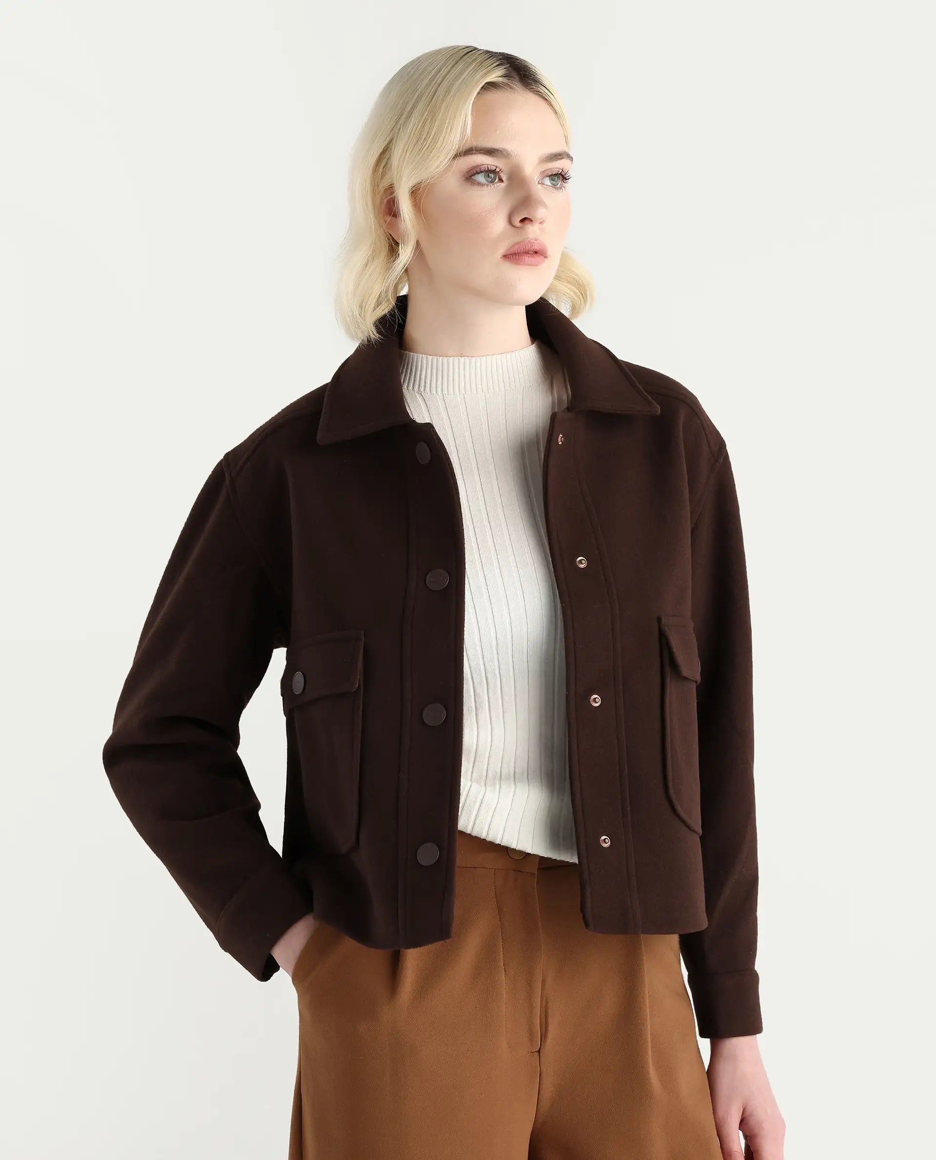 Rareism Women's Riffin Dark Brown Drop Collar Plain Cuffed Sleeve Regular Fit Jacket
