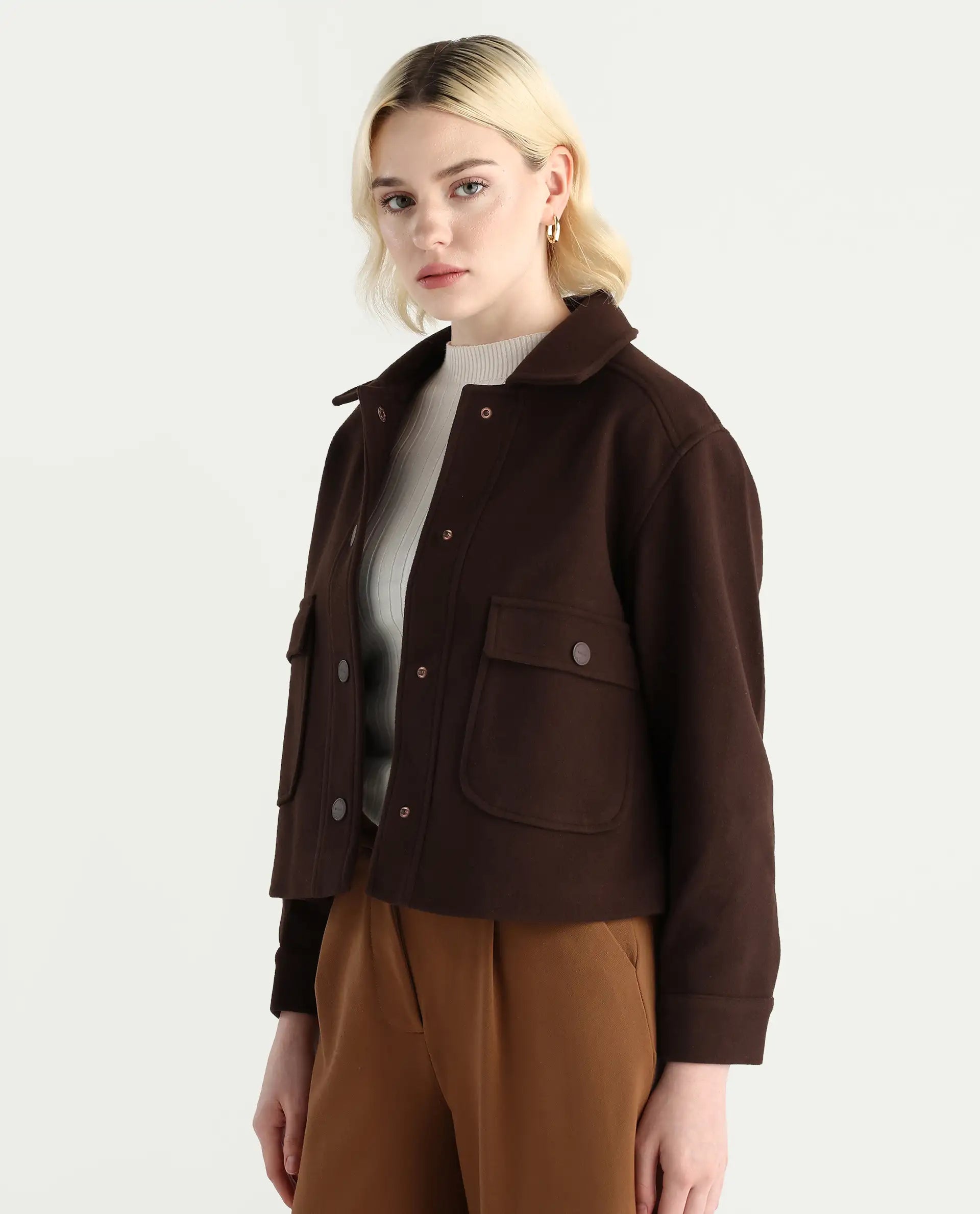 Rareism Women's Riffin Dark Brown Drop Collar Plain Cuffed Sleeve Regular Fit Jacket