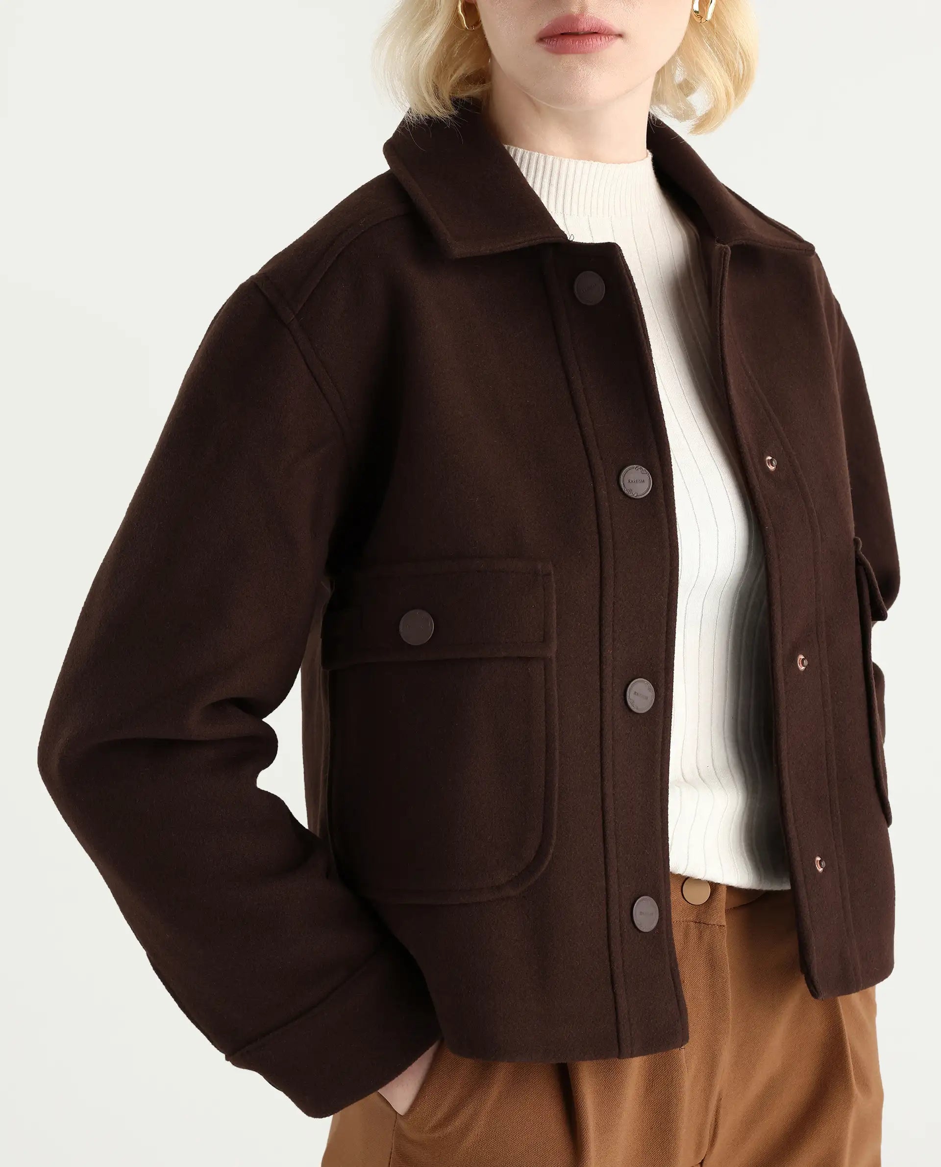 Rareism Women's Riffin Dark Brown Drop Collar Plain Cuffed Sleeve Regular Fit Jacket