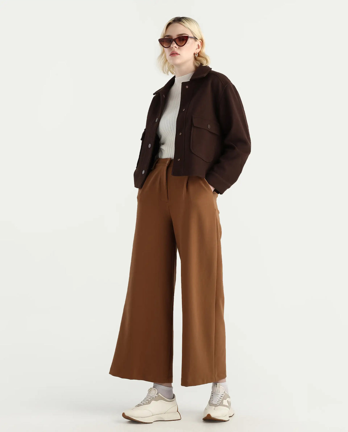 Rareism Women's Riffin Dark Brown Drop Collar Plain Cuffed Sleeve Regular Fit Jacket