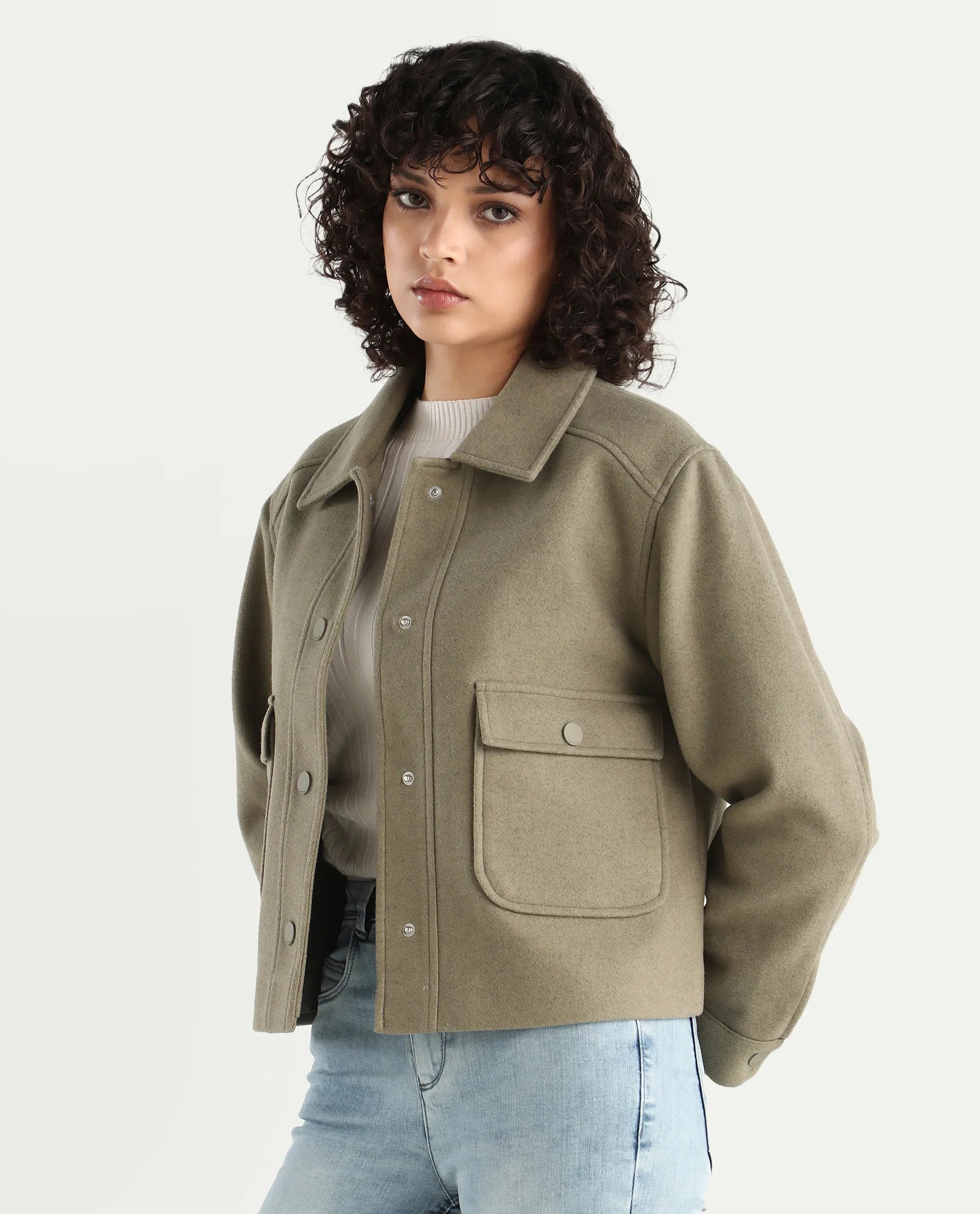 Rareism Women's Riffin Dusky Green Drop Collar Plain Cuffed Sleeve Regular Fit Jacket