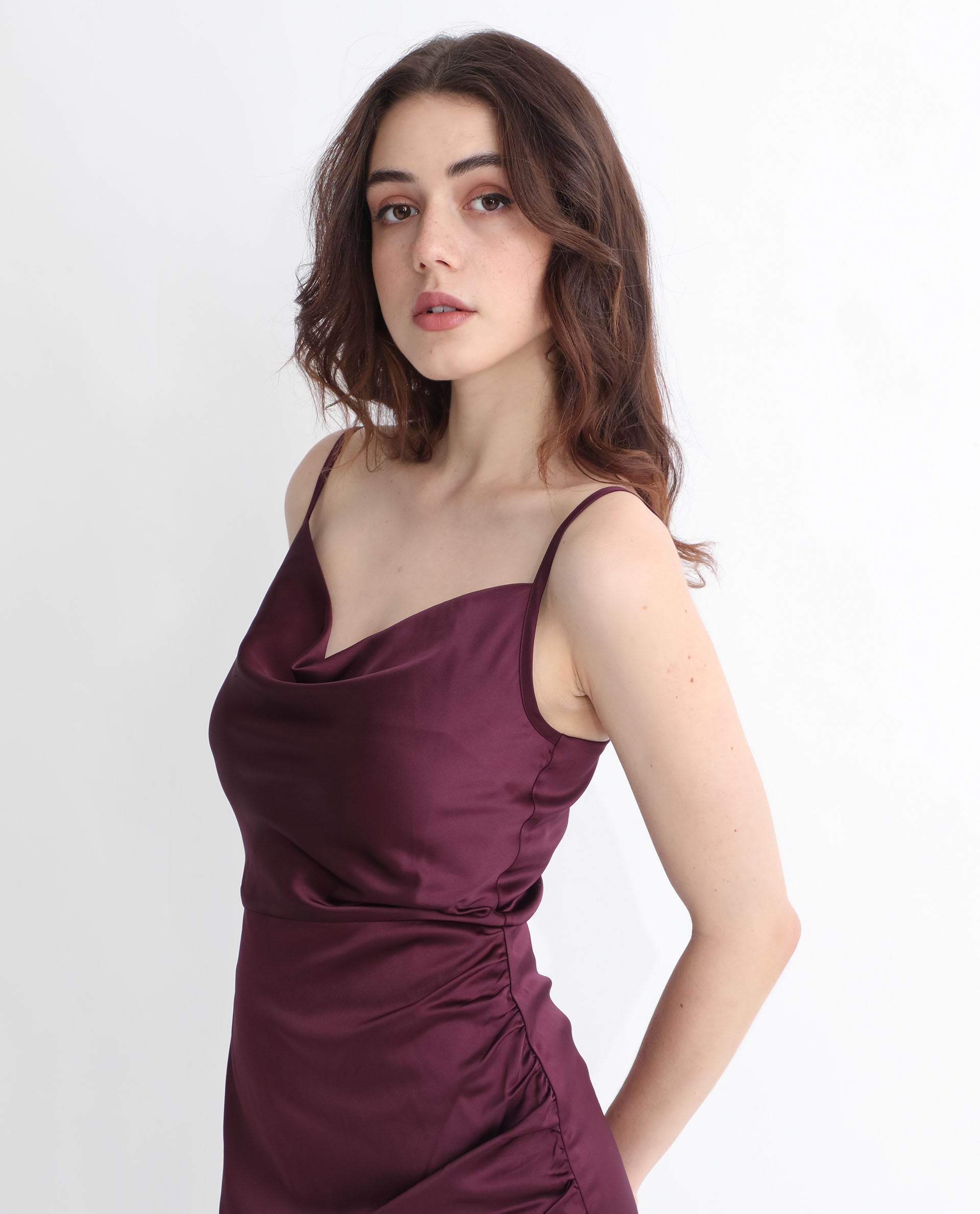 Rareism Women Rilu Sheen Maroon Cowl Neck Spaghetti Shoulder Straps Party Knee Length Dress