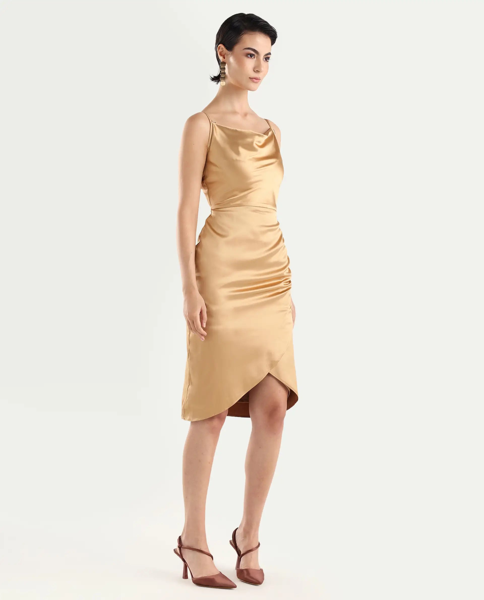 Rareism Women's Rilu Sheen Gold Polyester Blend Cowl Neck Plain Shoulder Strap Knee Length Regular Fit Dress