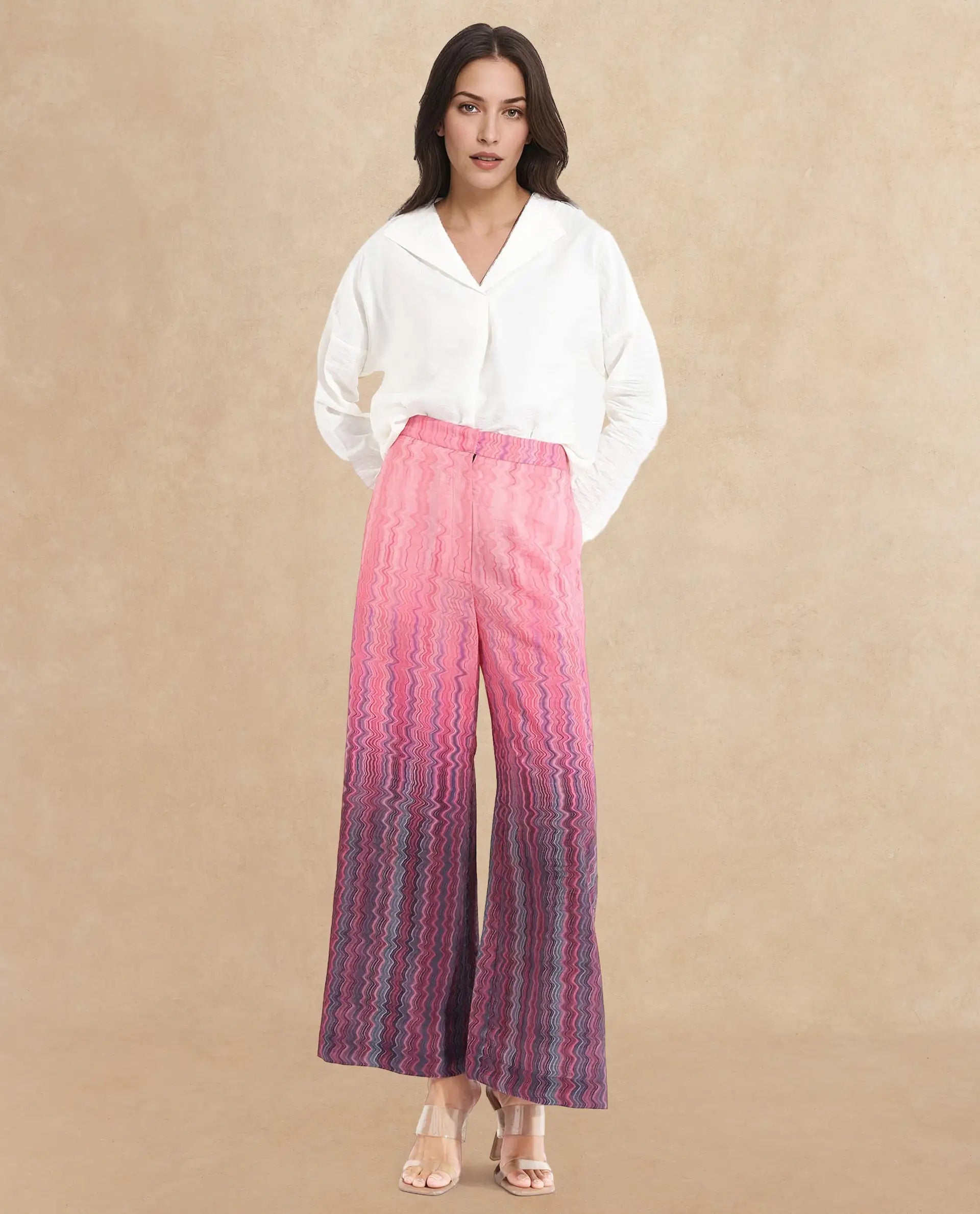 Rareism Women Rimino Multi Zip Flared Ankle Length Abstract Print Trouser