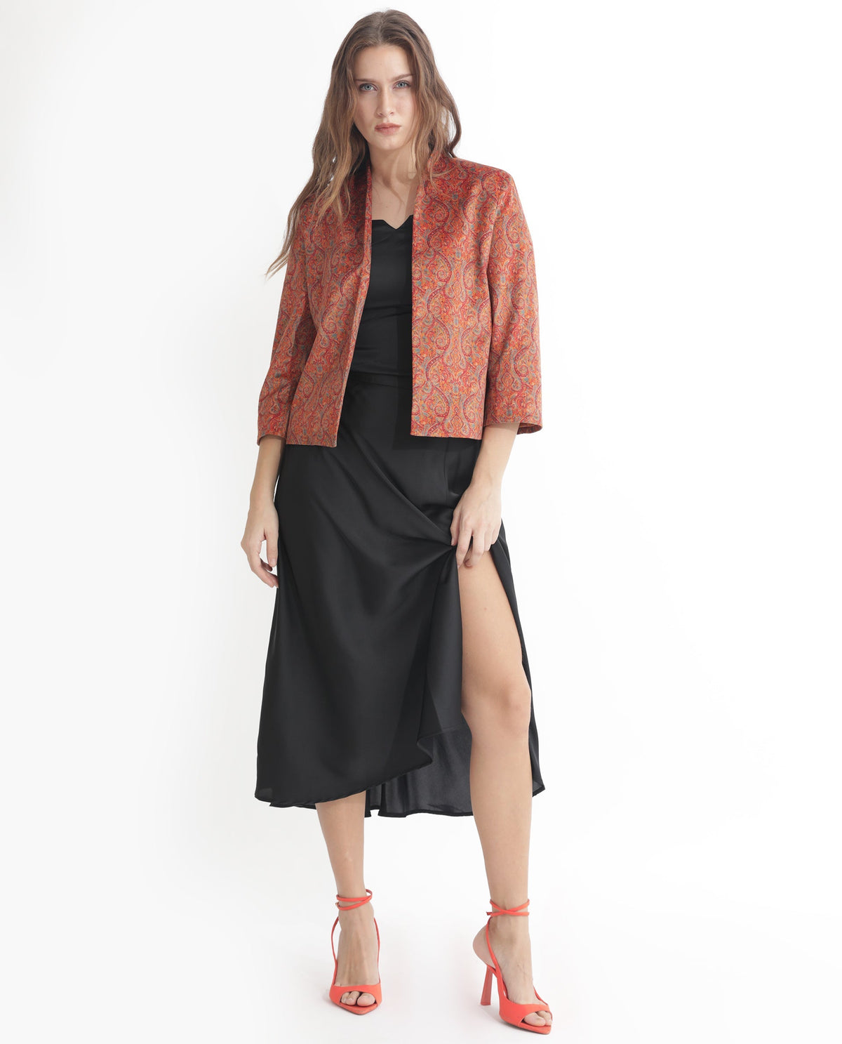 Rareism Women Rinok Gold Velvet 3/4Th Sleeves Print Collarless Shrug