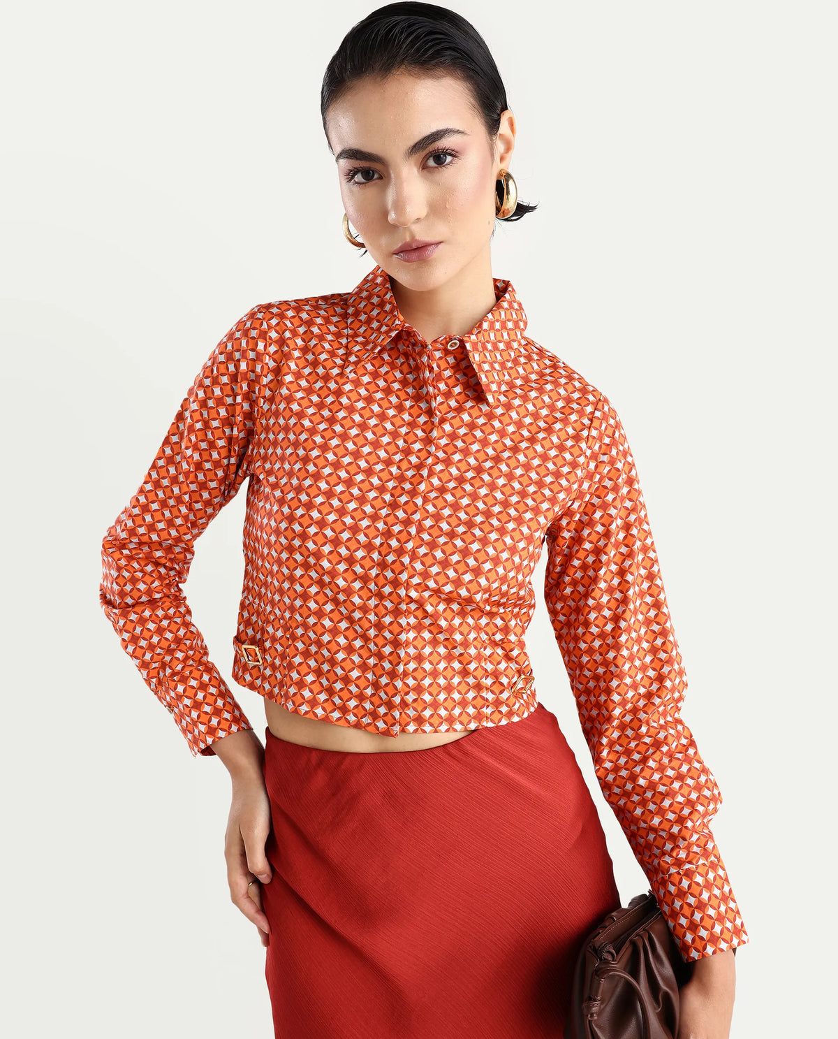 Rareism Women's Rister Multi Cotton Spread Collar Geometric Print Cuffed Sleeve Crop Regular Fit Top
