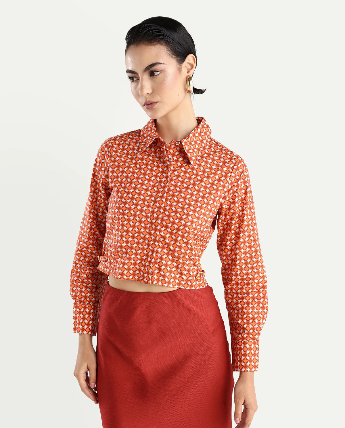 Rareism Women's Rister Multi Cotton Spread Collar Geometric Print Cuffed Sleeve Crop Regular Fit Top