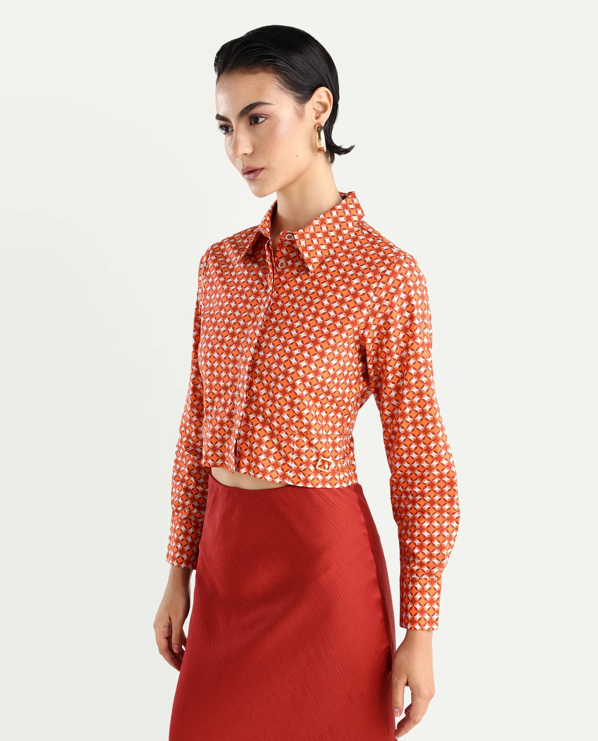 Rareism Women's Rister Multi Cotton Spread Collar Geometric Print Cuffed Sleeve Crop Regular Fit Top