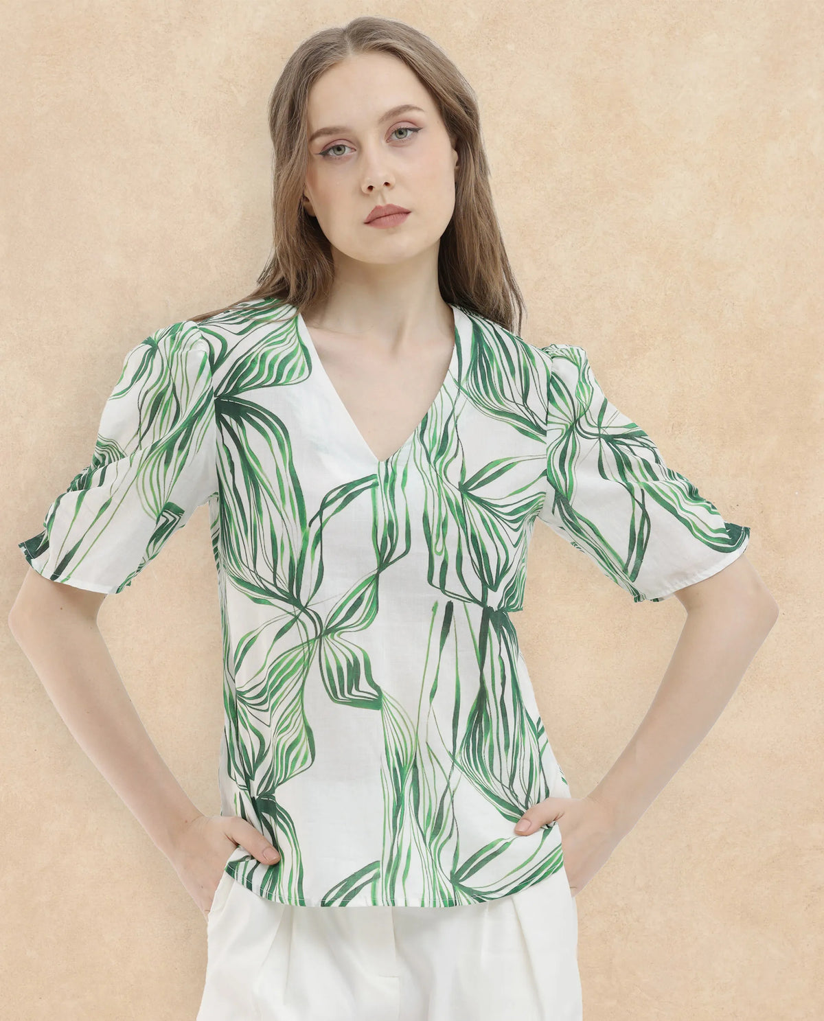 Rareism Women Riter-SC Green Cotton Fabric Short Sleeves V-Neck Puff Sleeve Regular Fit Abstract Print Top