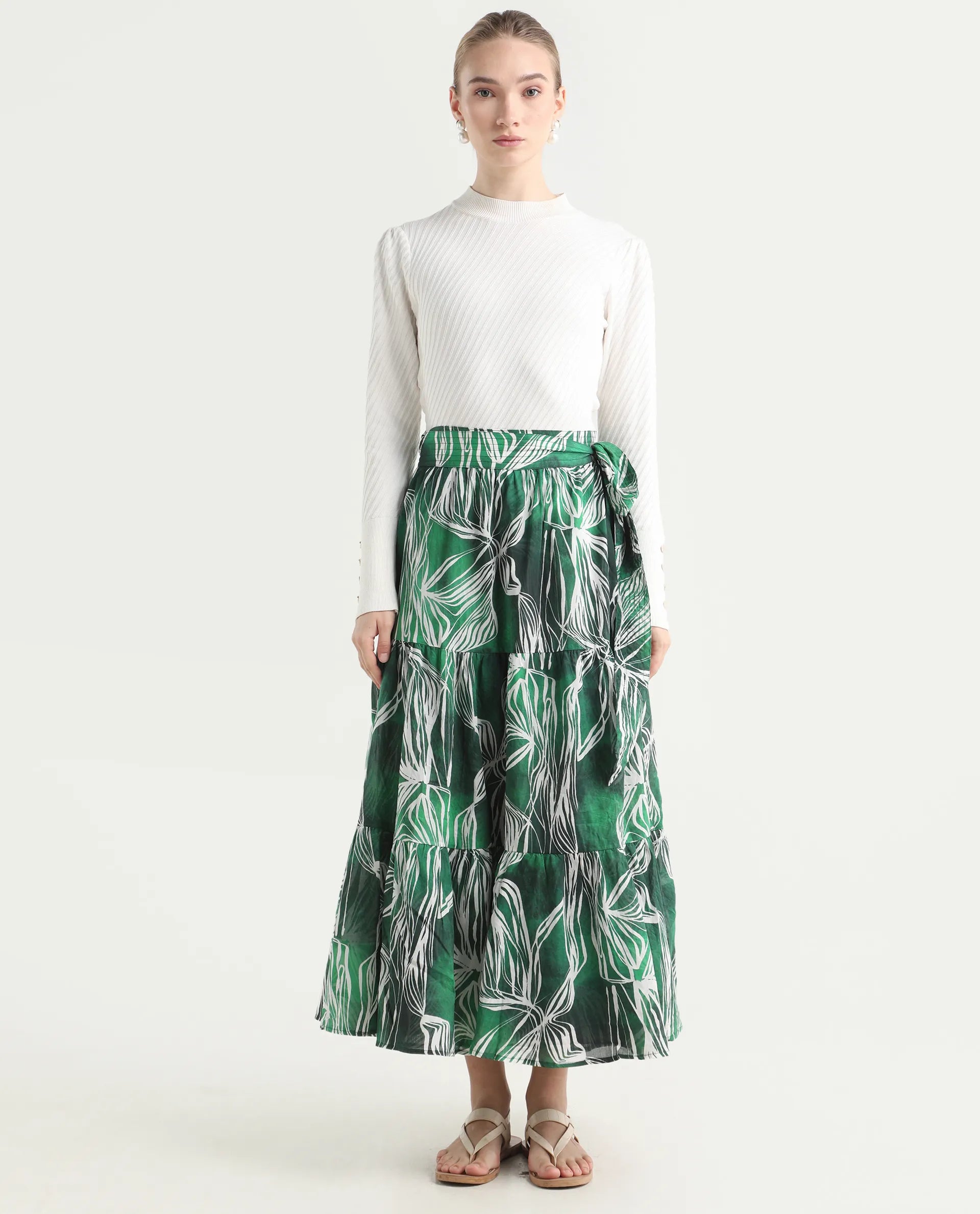 Rareism Women's Rittert Green Cotton Abstract Print Maxi Flared Skirt