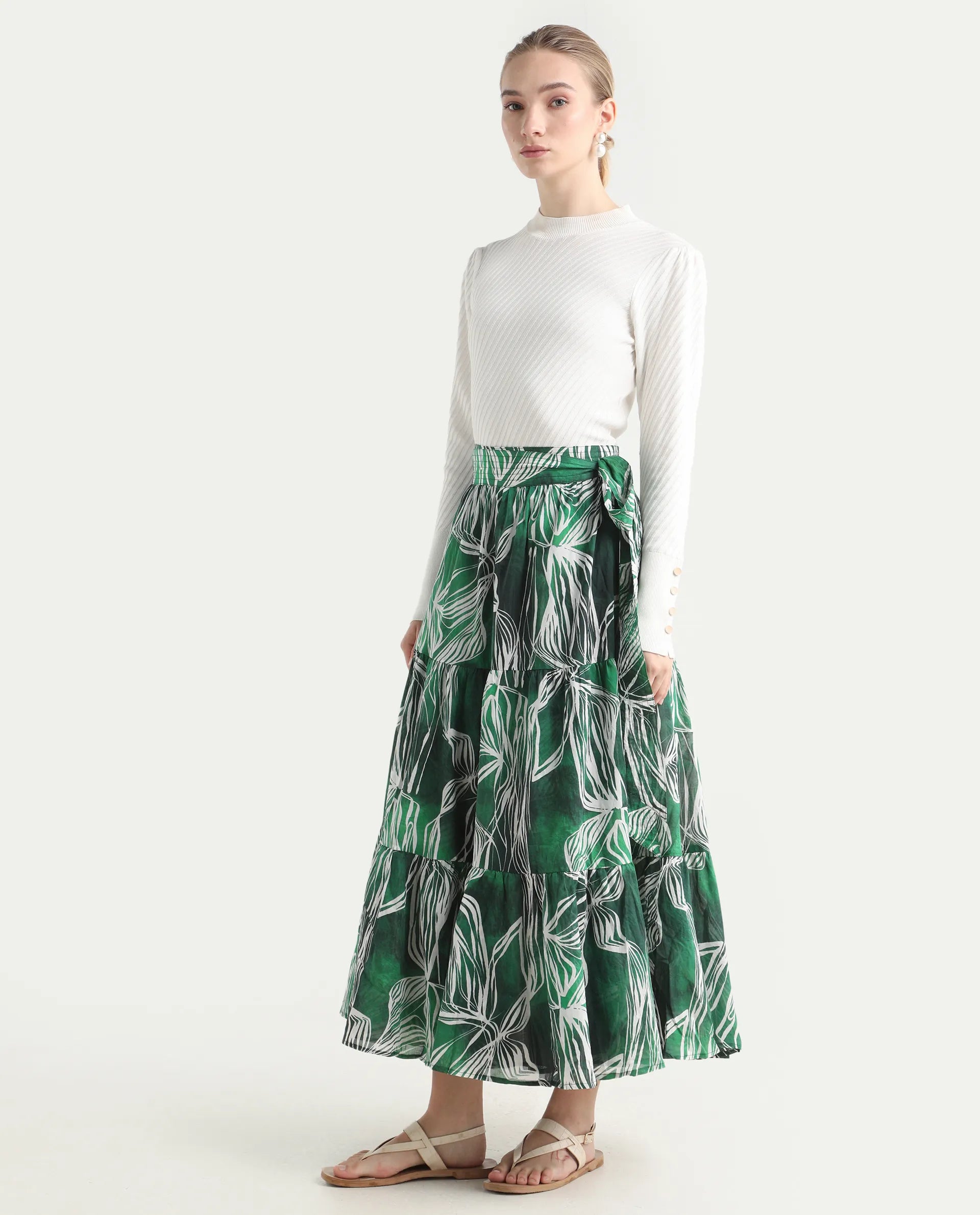 Rareism Women's Rittert Green Cotton Abstract Print Maxi Flared Skirt