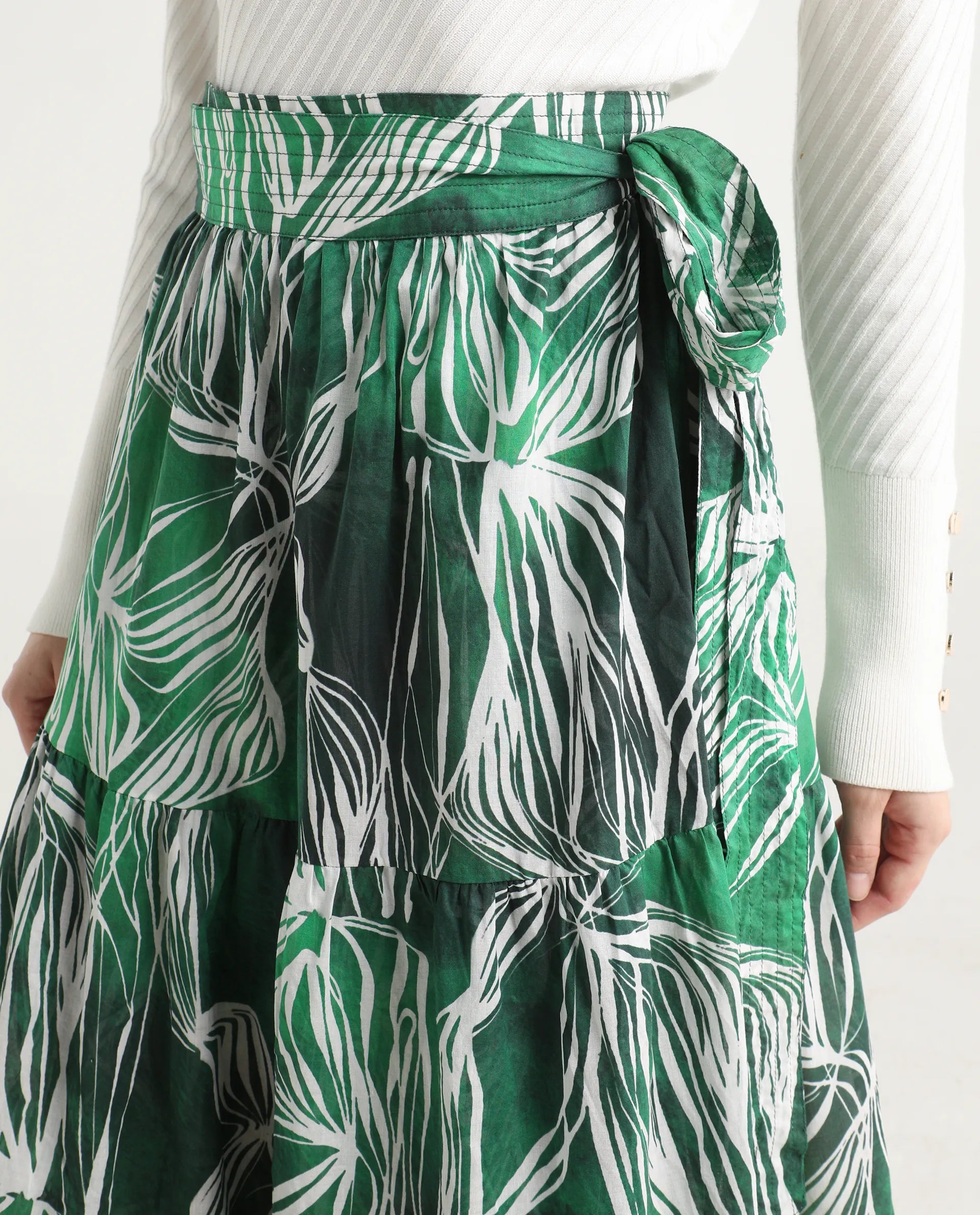 Rareism Women's Rittert Green Cotton Abstract Print Maxi Flared Skirt