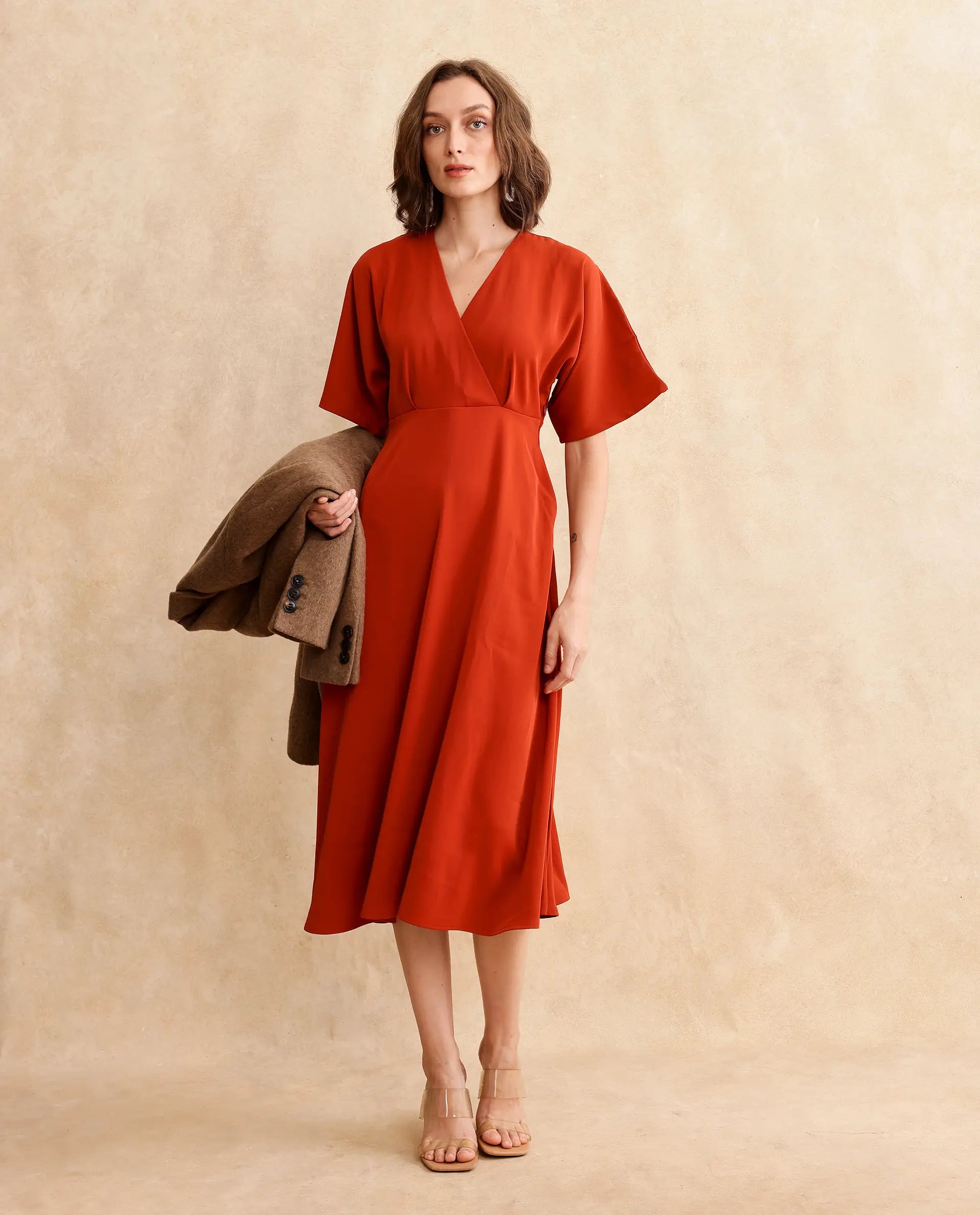 Rareism Women's Rivez Rust Cotton Overlap Neck Plain Extended Sleeves Midi Flared Dress