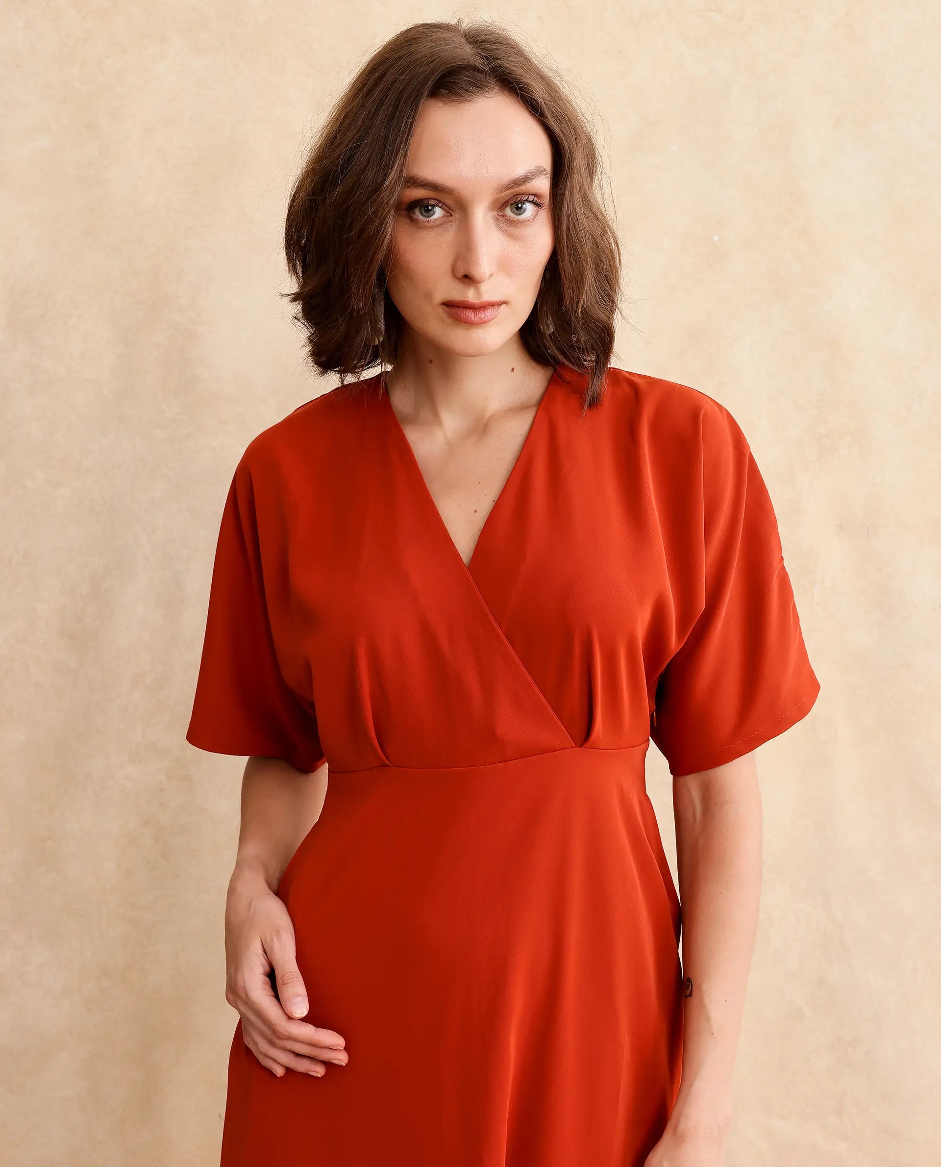 Rareism Women's Rivez Rust Cotton Overlap Neck Plain Extended Sleeves Midi Flared Dress