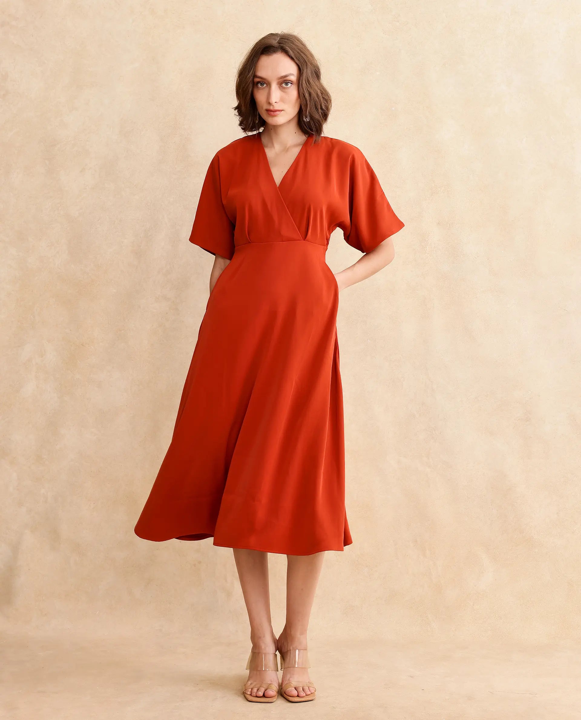 Rareism Women's Rivez Rust Cotton Overlap Neck Plain Extended Sleeves Midi Flared Dress