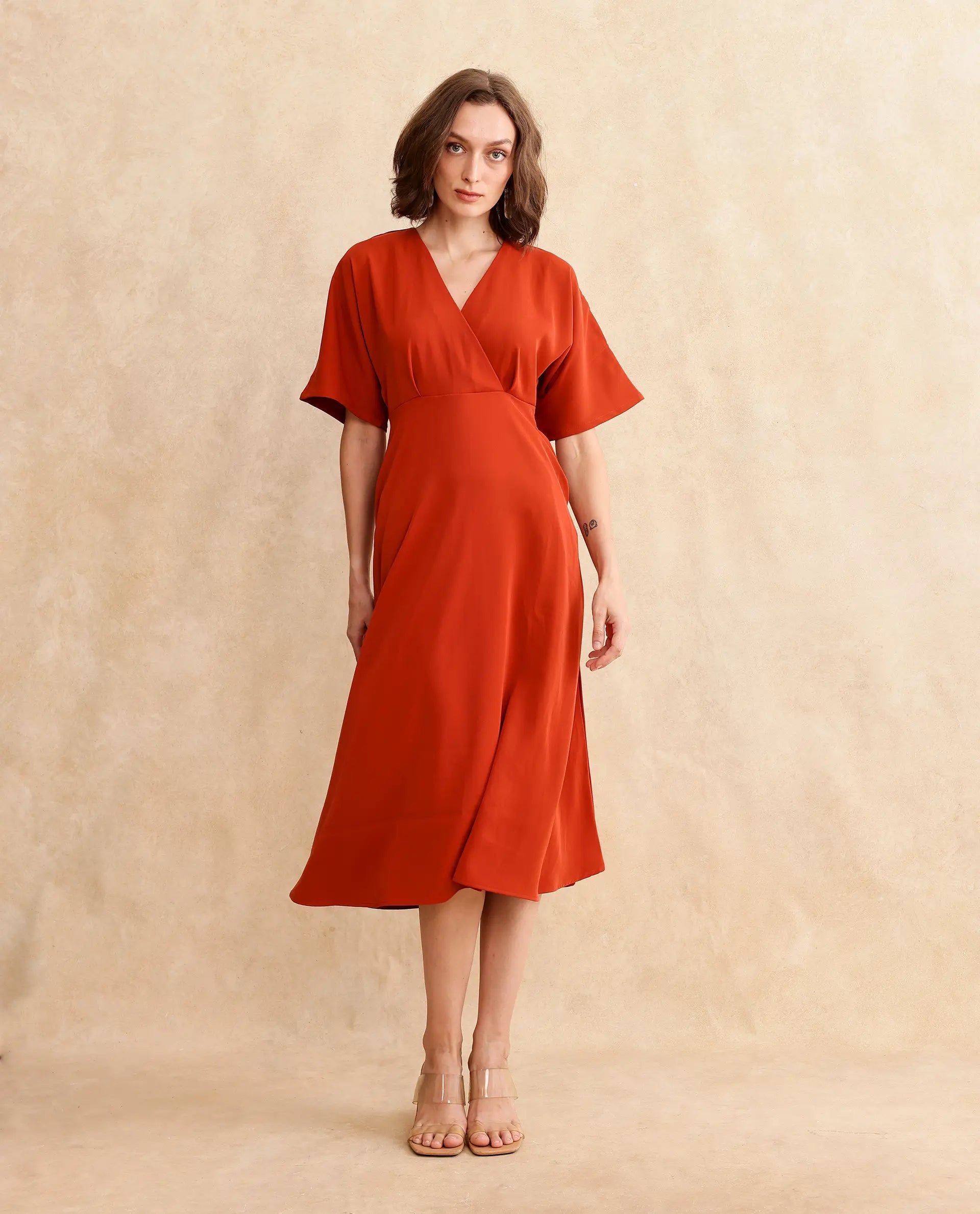 Rareism Women's Rivez Rust Cotton Overlap Neck Plain Extended Sleeves Midi Flared Dress