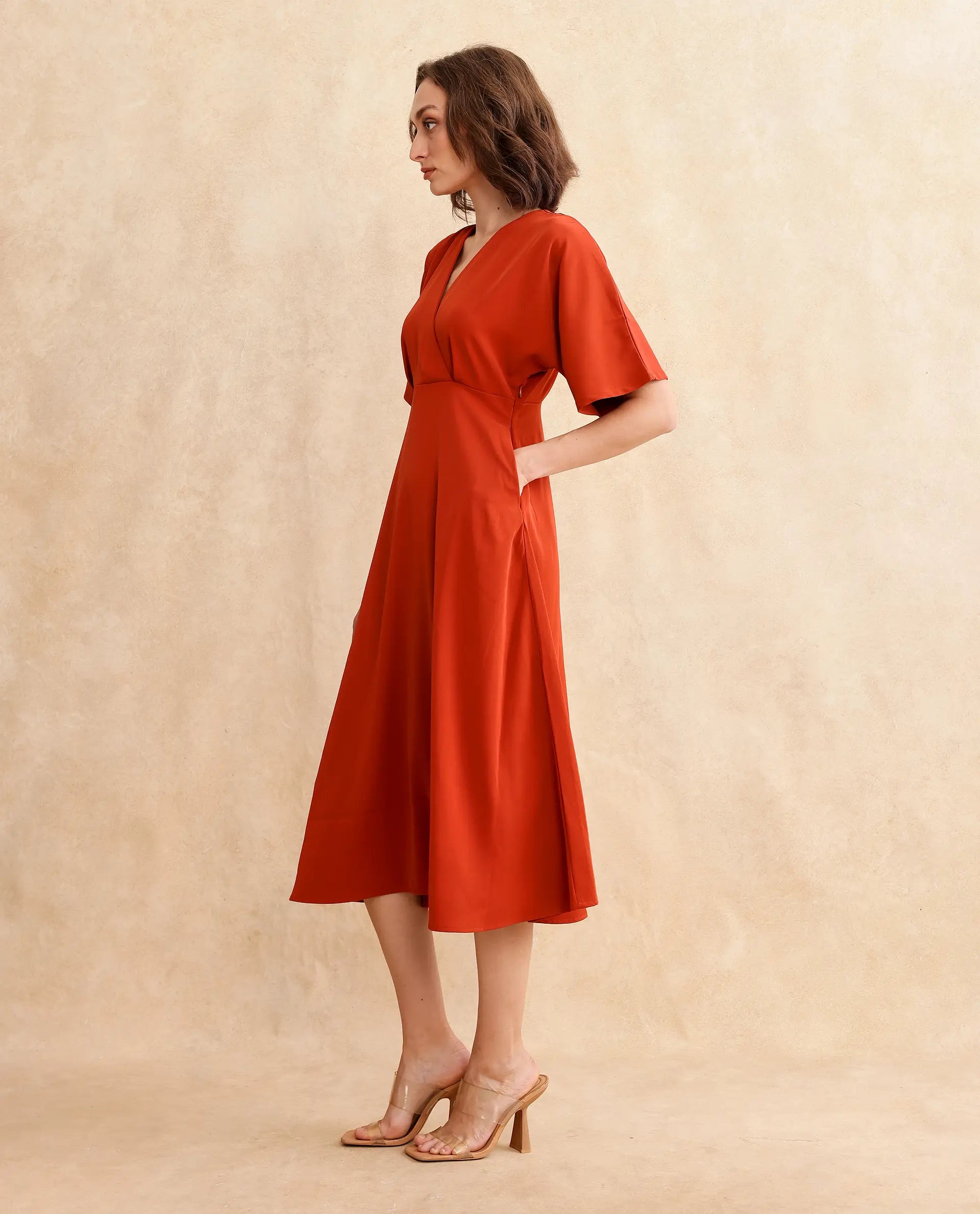 Rareism Women's Rivez Rust Cotton Overlap Neck Plain Extended Sleeves Midi Flared Dress