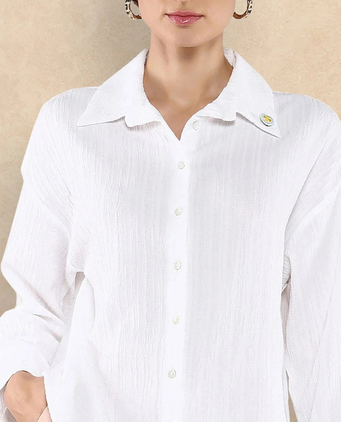 Rareism Women Roag White Cuffed Sleeves Collared Neck Plain Shirt