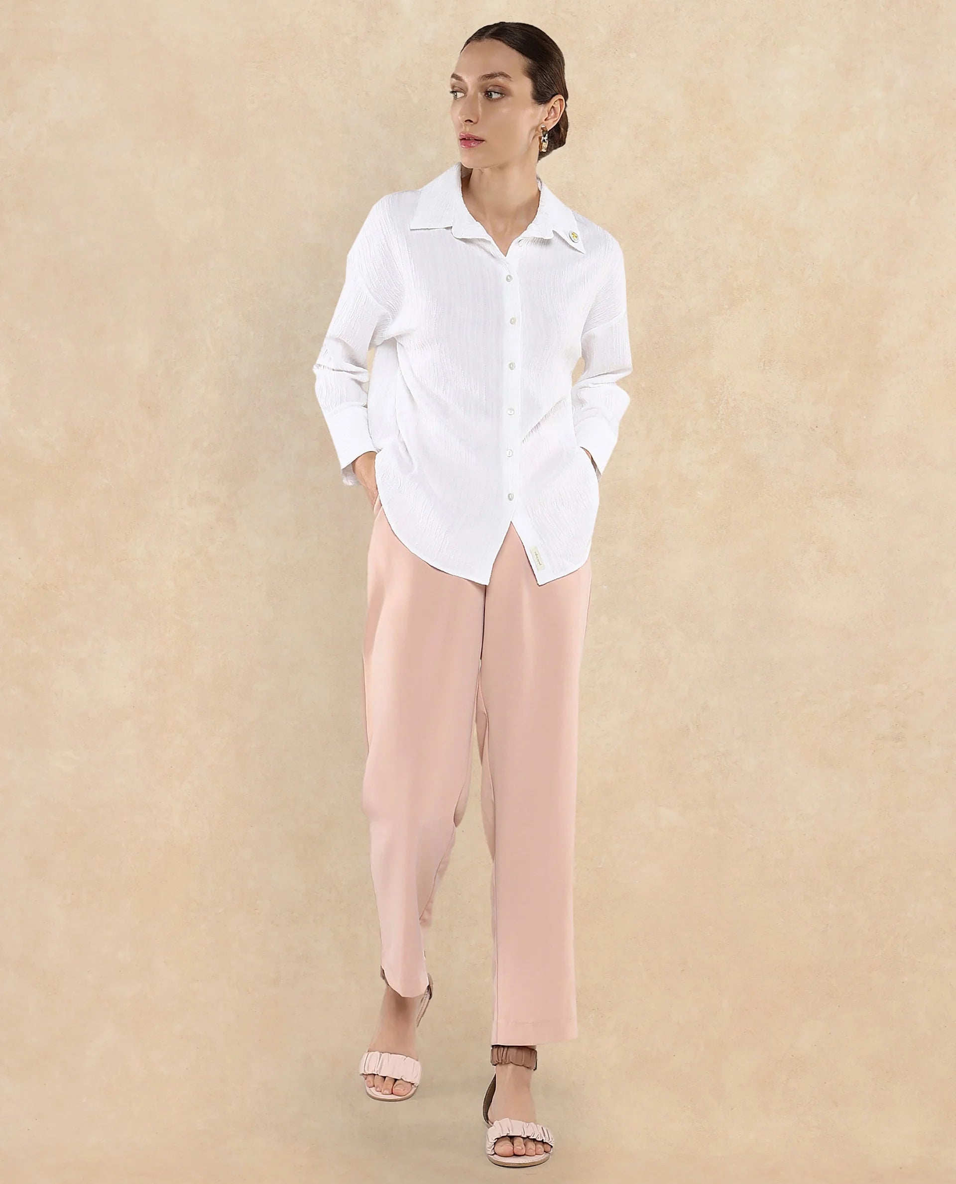 Rareism Women Roag White Cuffed Sleeves Collared Neck Plain Shirt