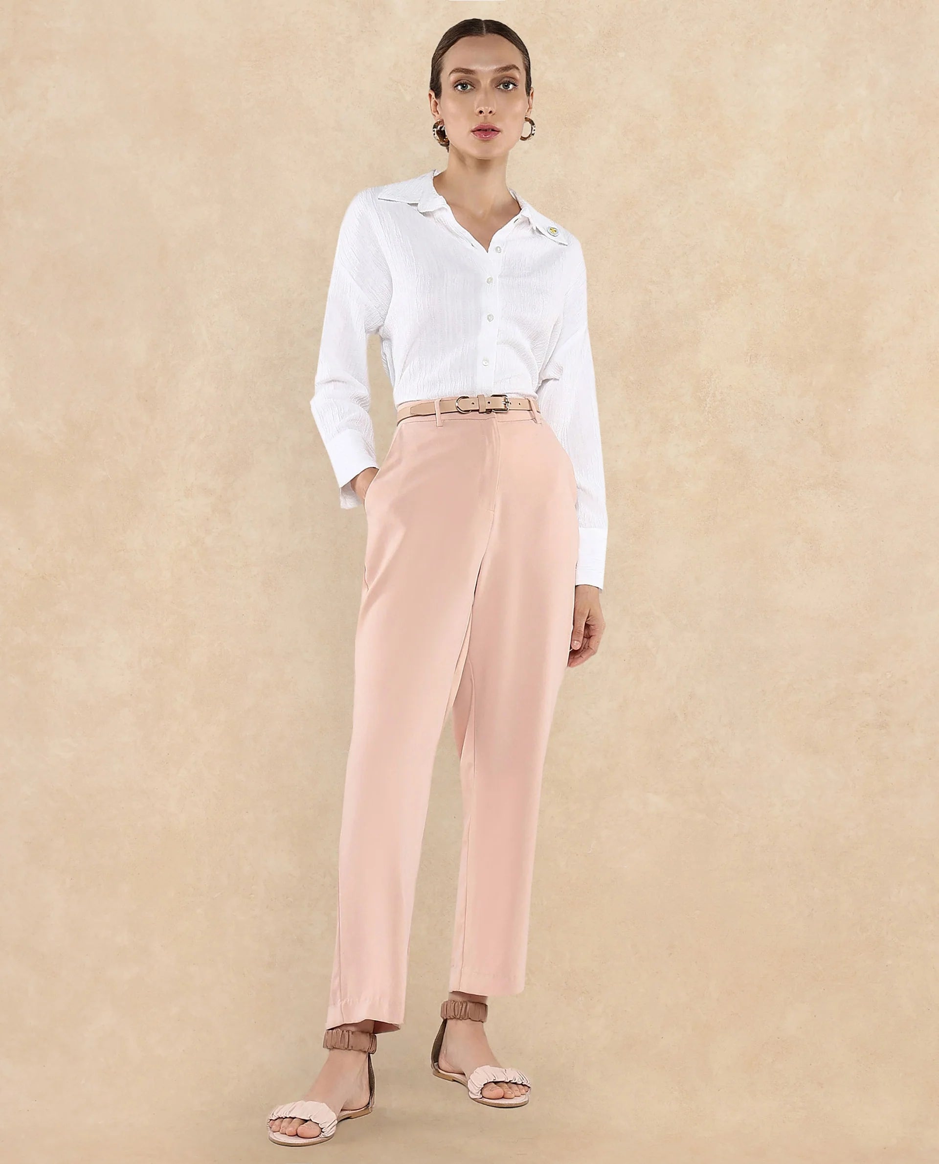 Rareism Women Roag White Cuffed Sleeves Collared Neck Plain Shirt