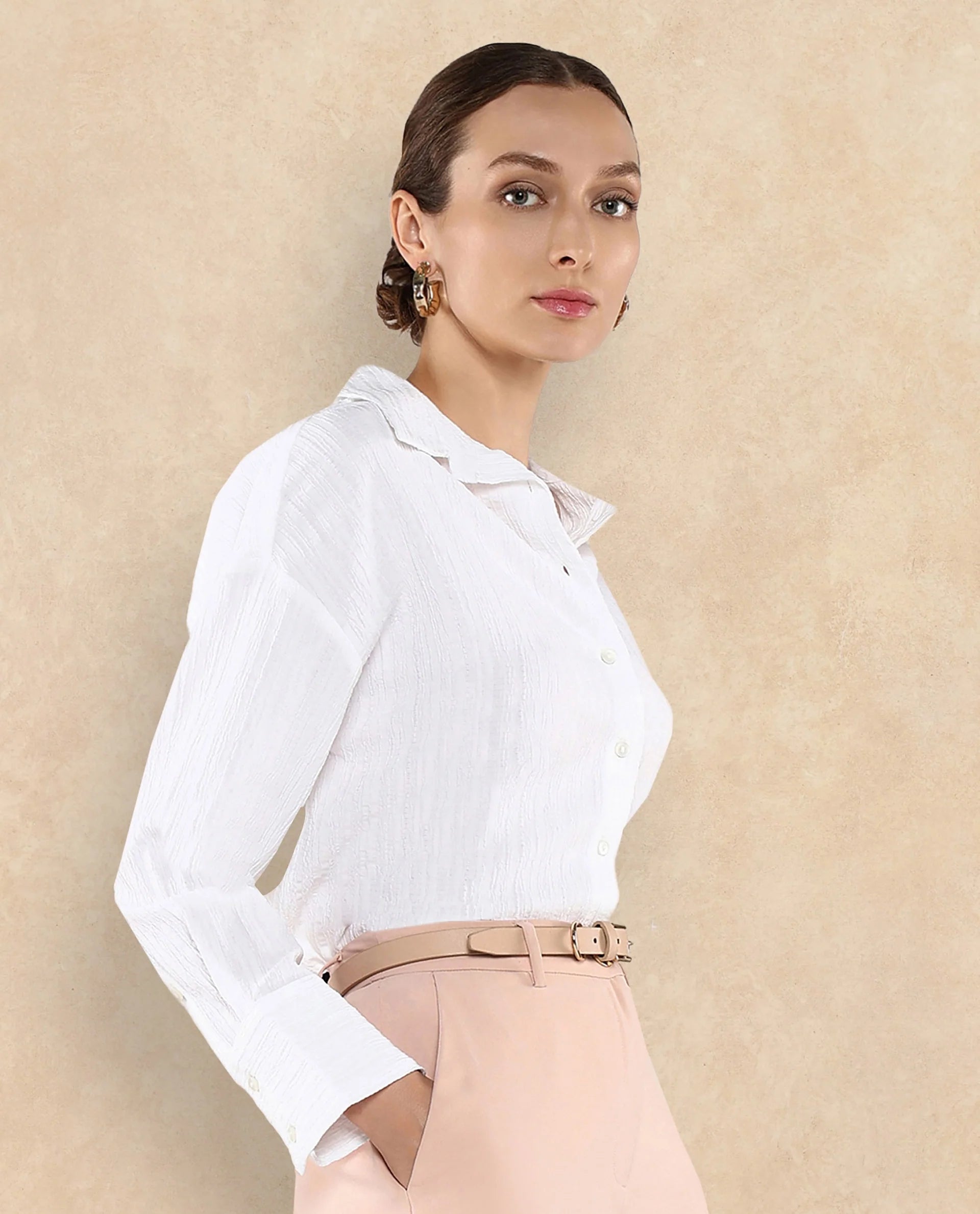 Rareism Women Roag White Cuffed Sleeves Collared Neck Plain Shirt