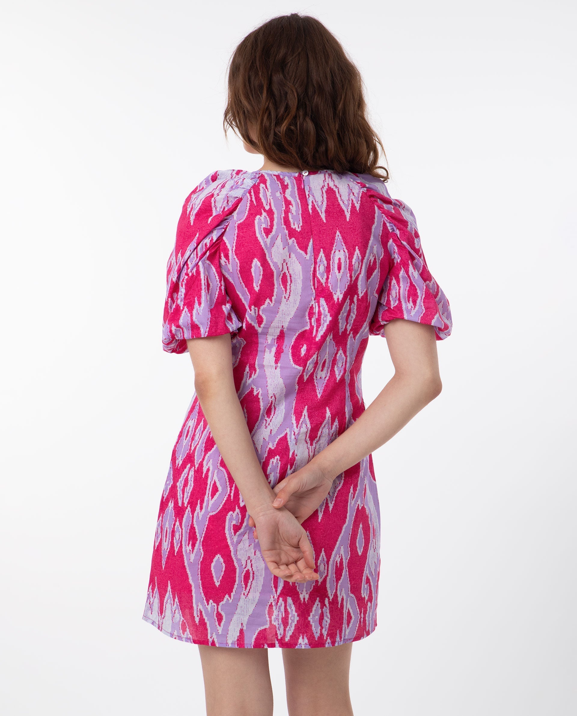 Rareism Women's Roan Pink Cotton Fabric Crew Neck Zipper Closure Puff Sleeve Abstract Mini Dress