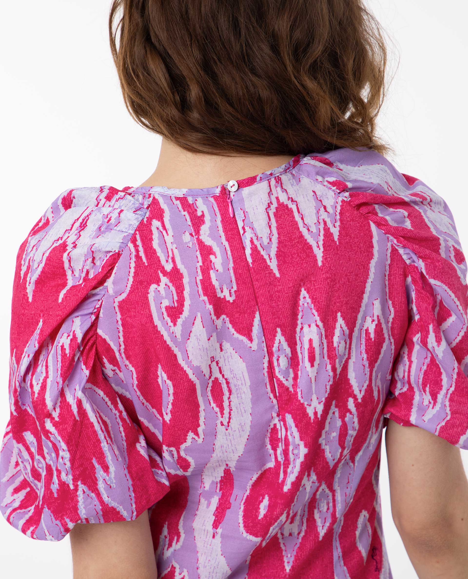 Rareism Women's Roan Pink Cotton Crew Neck Abstract Print Puff Sleeves Mini Regular Fit Dress