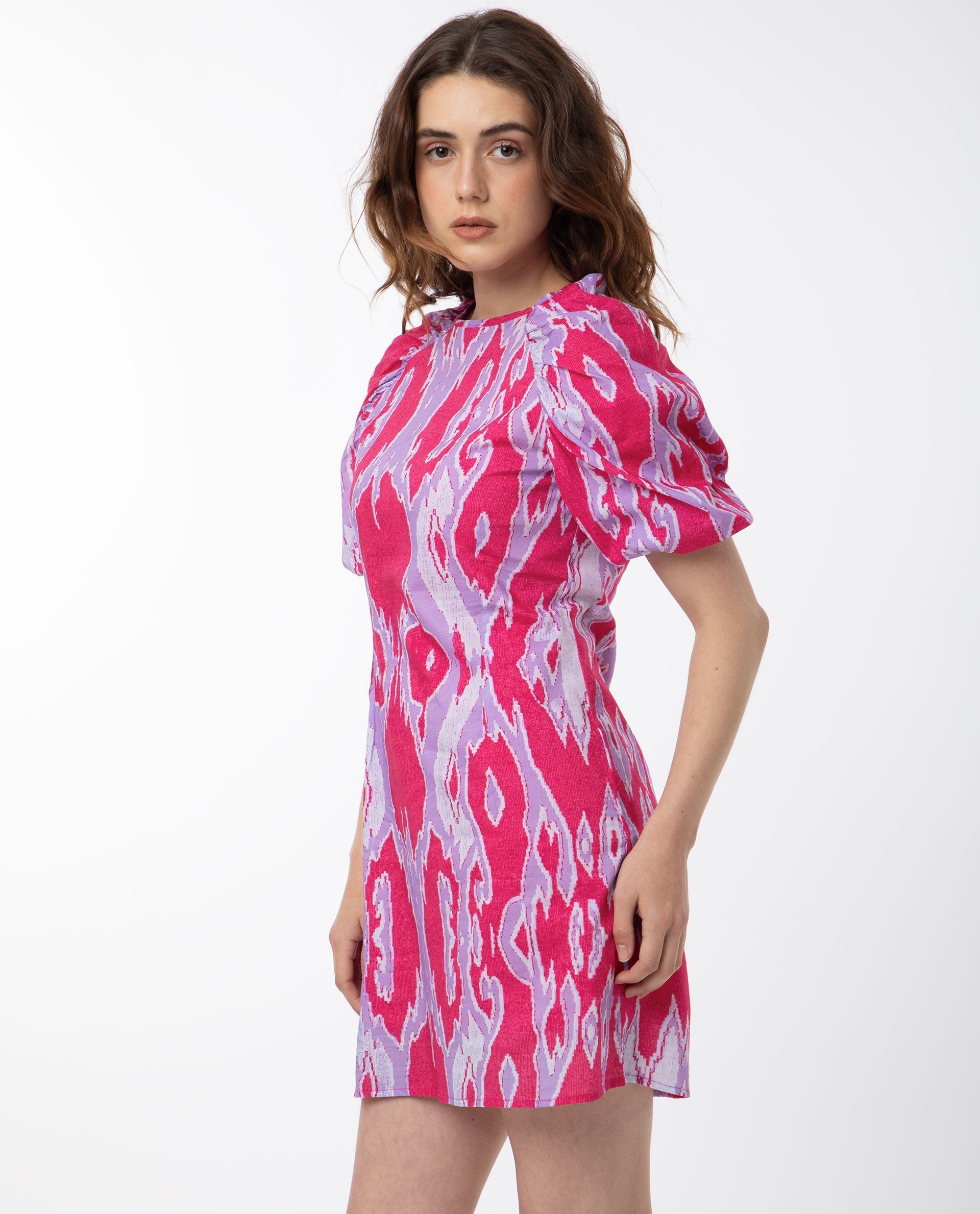 Rareism Women's Roan Pink Cotton Crew Neck Abstract Print Puff Sleeves Mini Regular Fit Dress