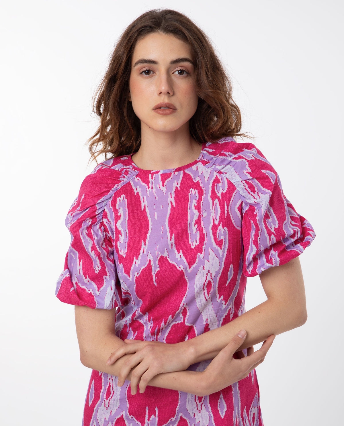 Rareism Women's Roan Pink Cotton Fabric Crew Neck Zipper Closure Puff Sleeve Abstract Mini Dress