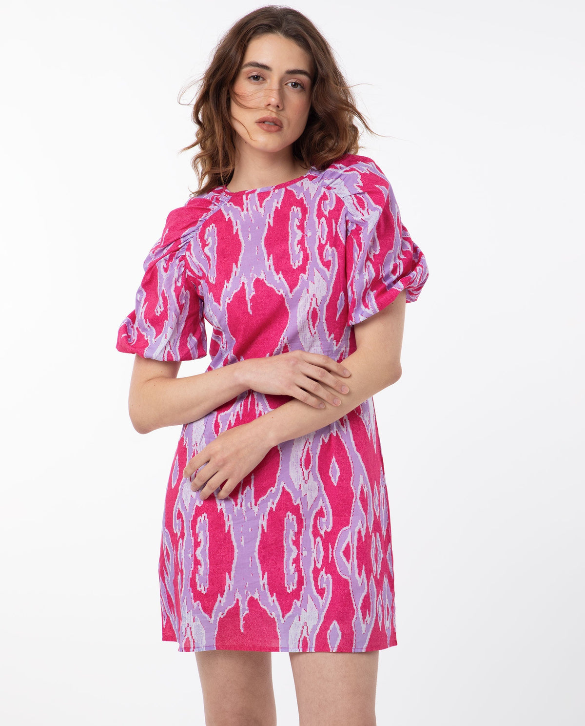 Rareism Women's Roan Pink Cotton Fabric Crew Neck Zipper Closure Puff Sleeve Abstract Mini Dress