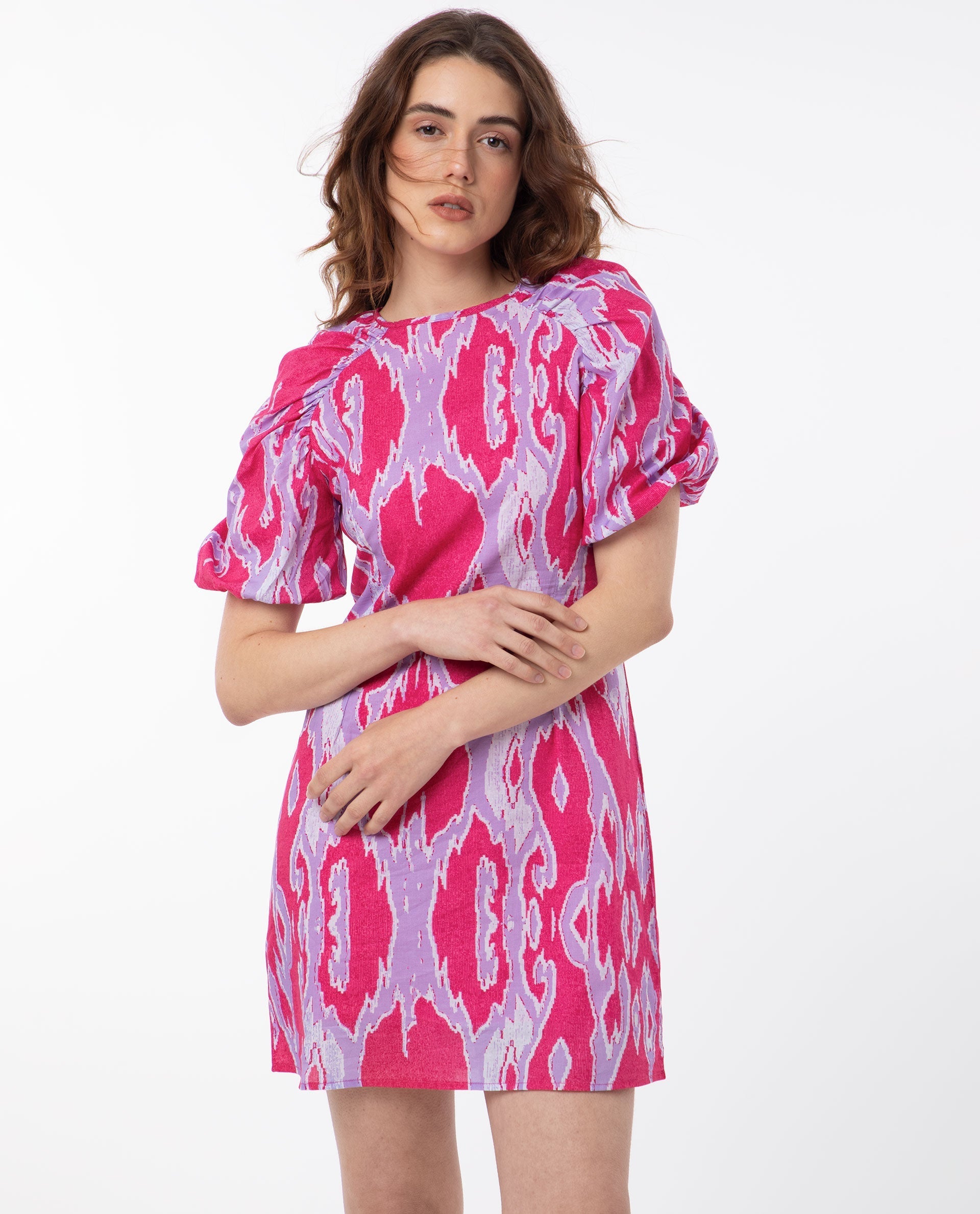 Rareism Women's Roan Pink Cotton Fabric Crew Neck Zipper Closure Puff Sleeve Abstract Mini Dress