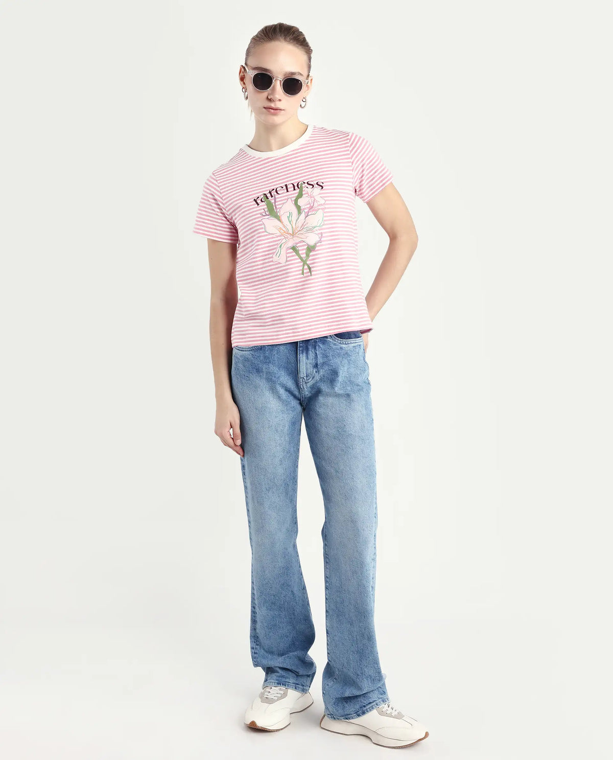 Rareism Women's Robbin Light Pink Cotton Blend Crew Neck Graphic Print Regular Fit T-Shirt